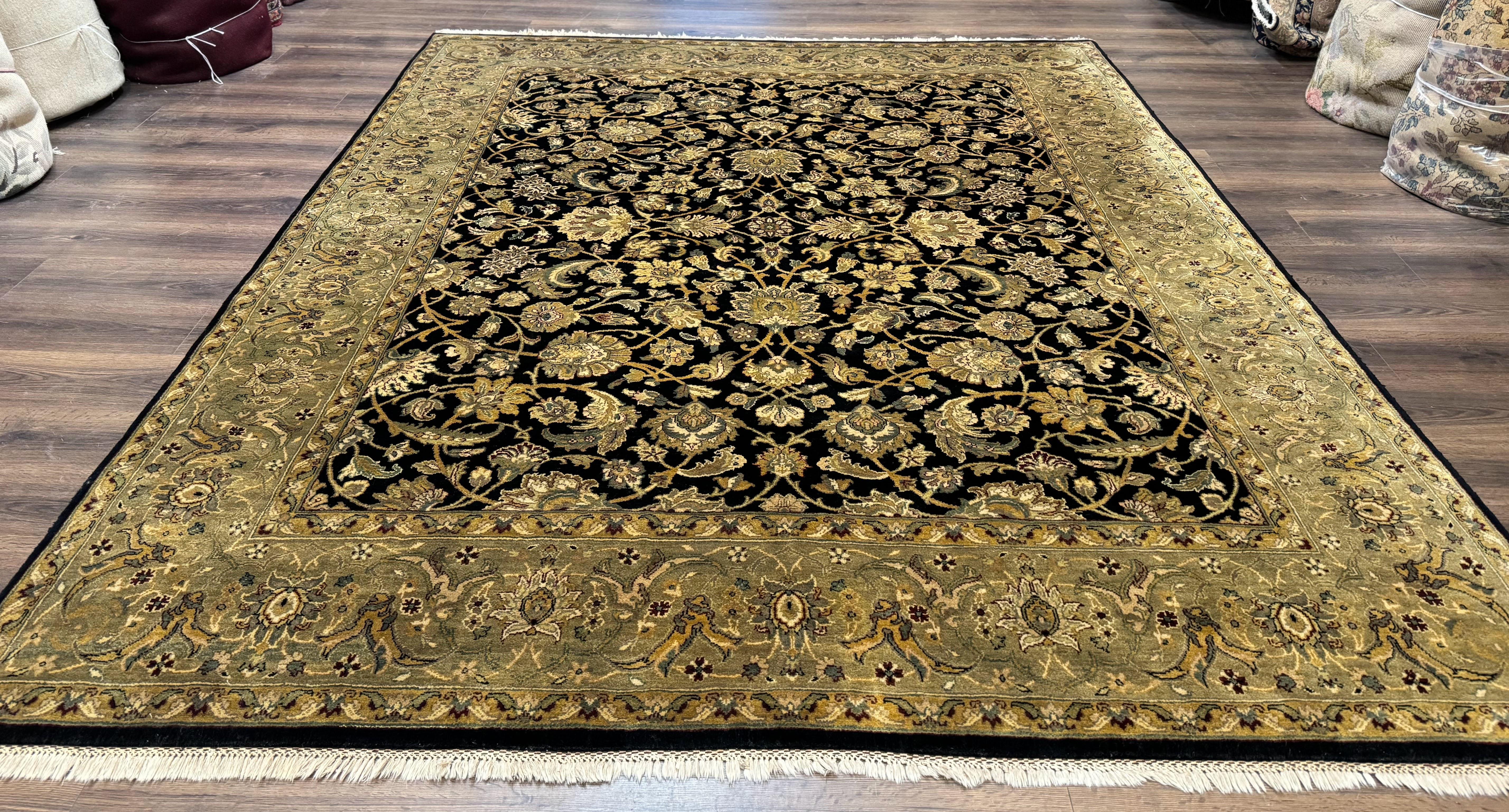 Indo Persian Rug 8x10, Black and Green, Wool, Handmade, Traditional, Floral Allover, Vintage - Jewel Rugs