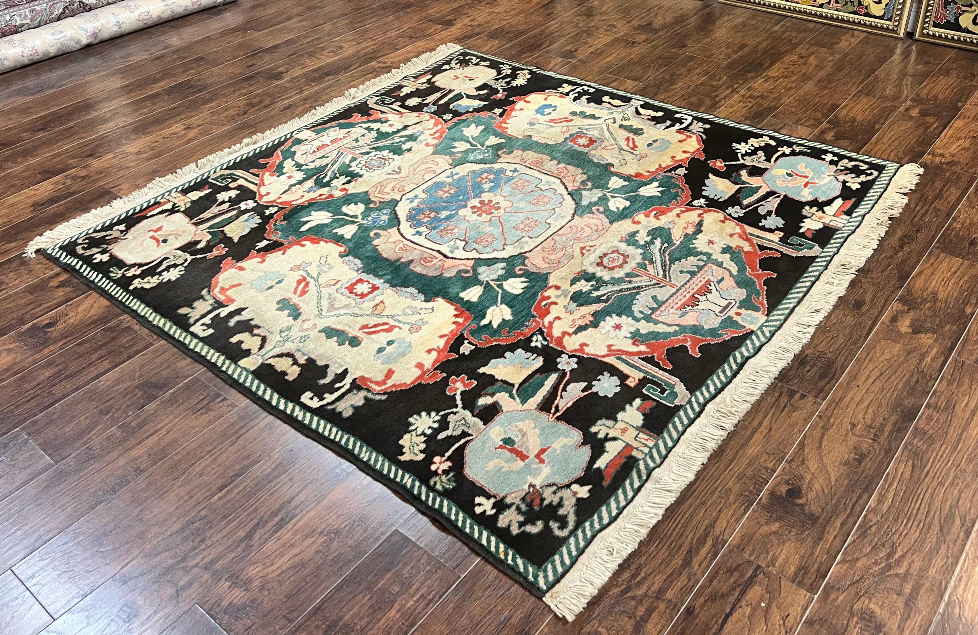 Square Turkish Rug 7x7, Vintage Handmade Wool Carpet, Black Beige Green - Jewel Rugs