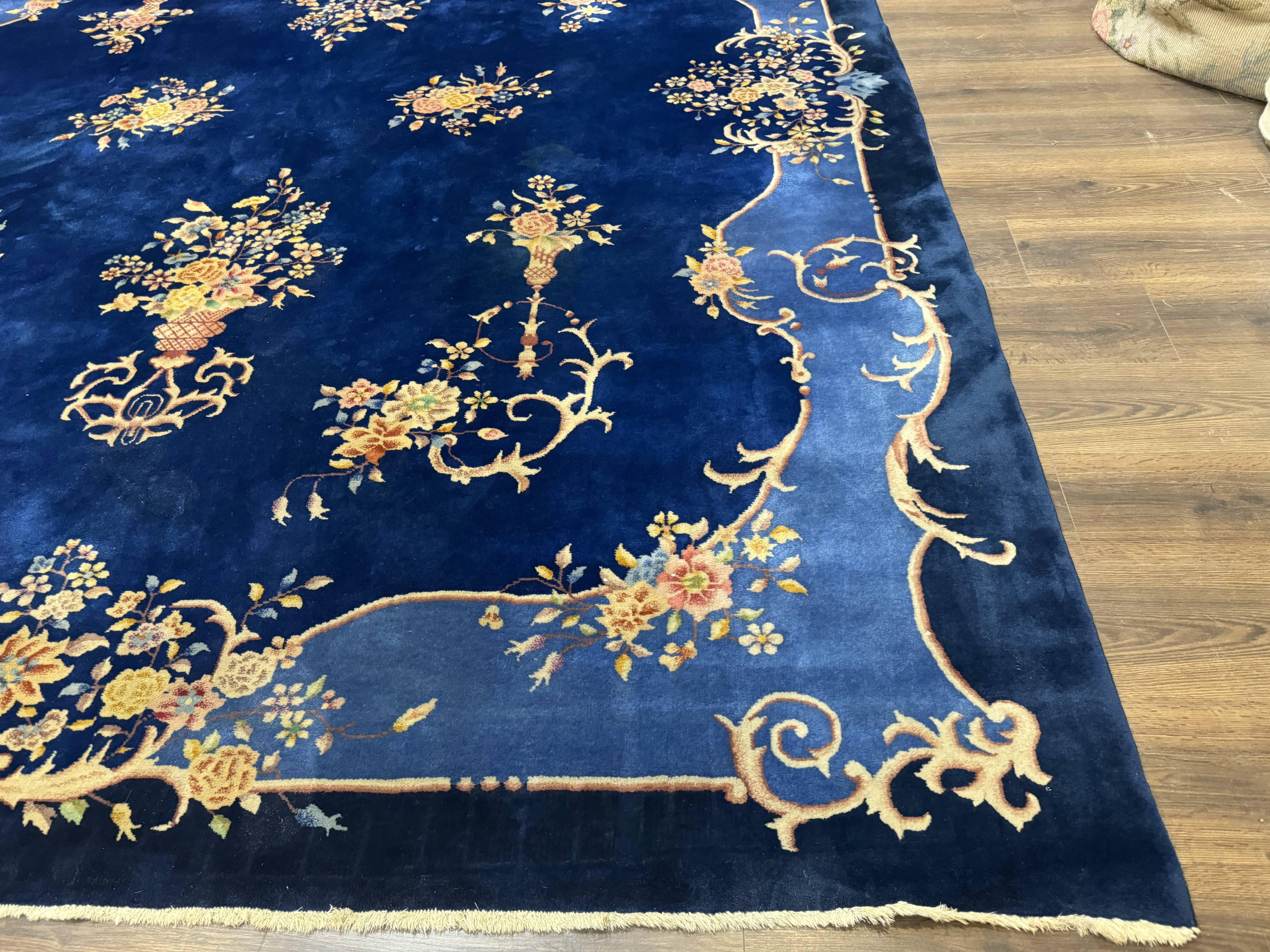 Blue Chinese Art Deco Rug 9x12, Vintage Antique Chinese Wool Rug, Chinese Fette Rug - Jewel Rugs