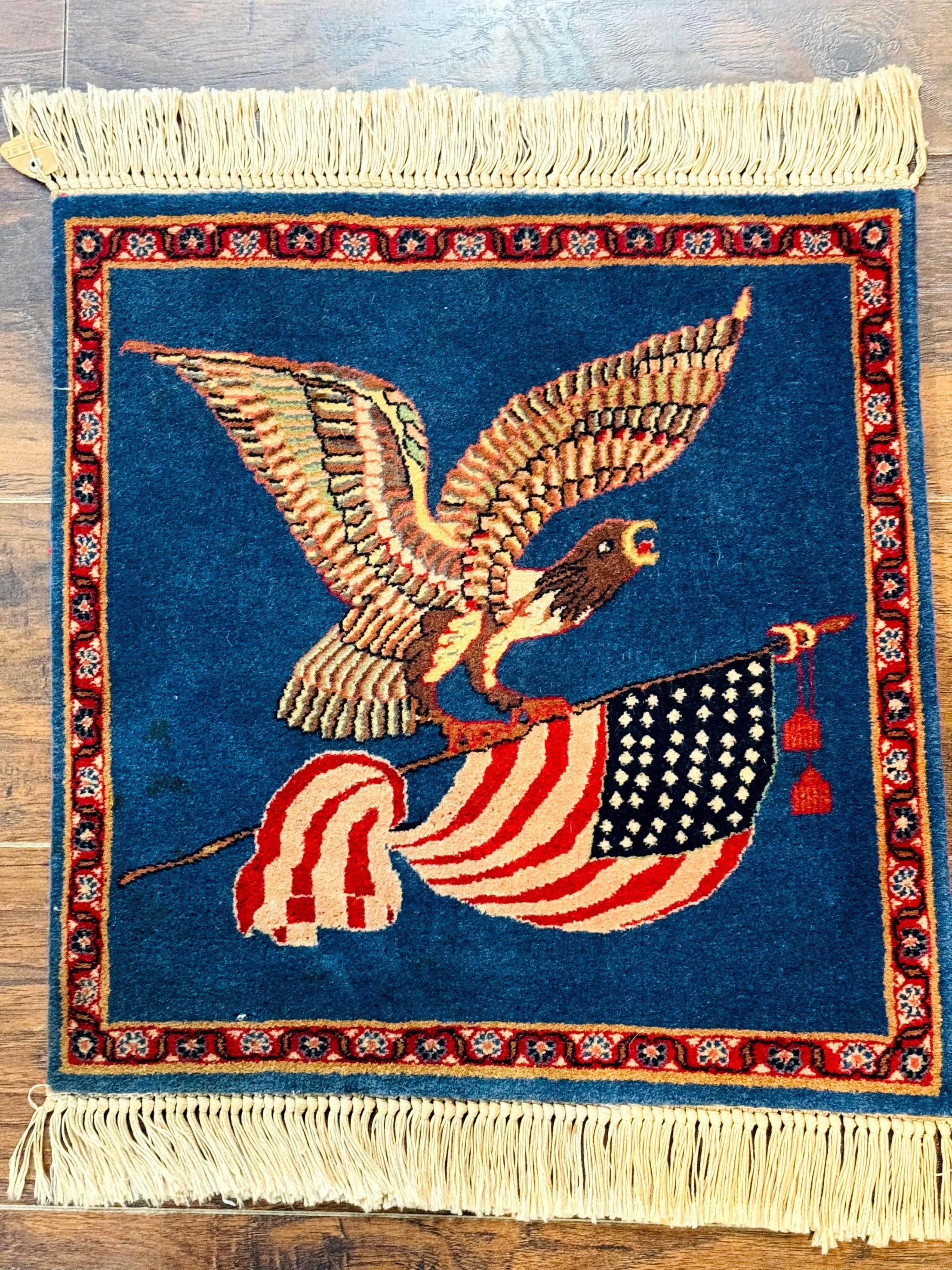 Pictorial Rug of American Flag with Bald Eagle, Small Indo Persian Pictorial Rug, Blue, Handmade, Very Fine 330 KPSI - Jewel Rugs
