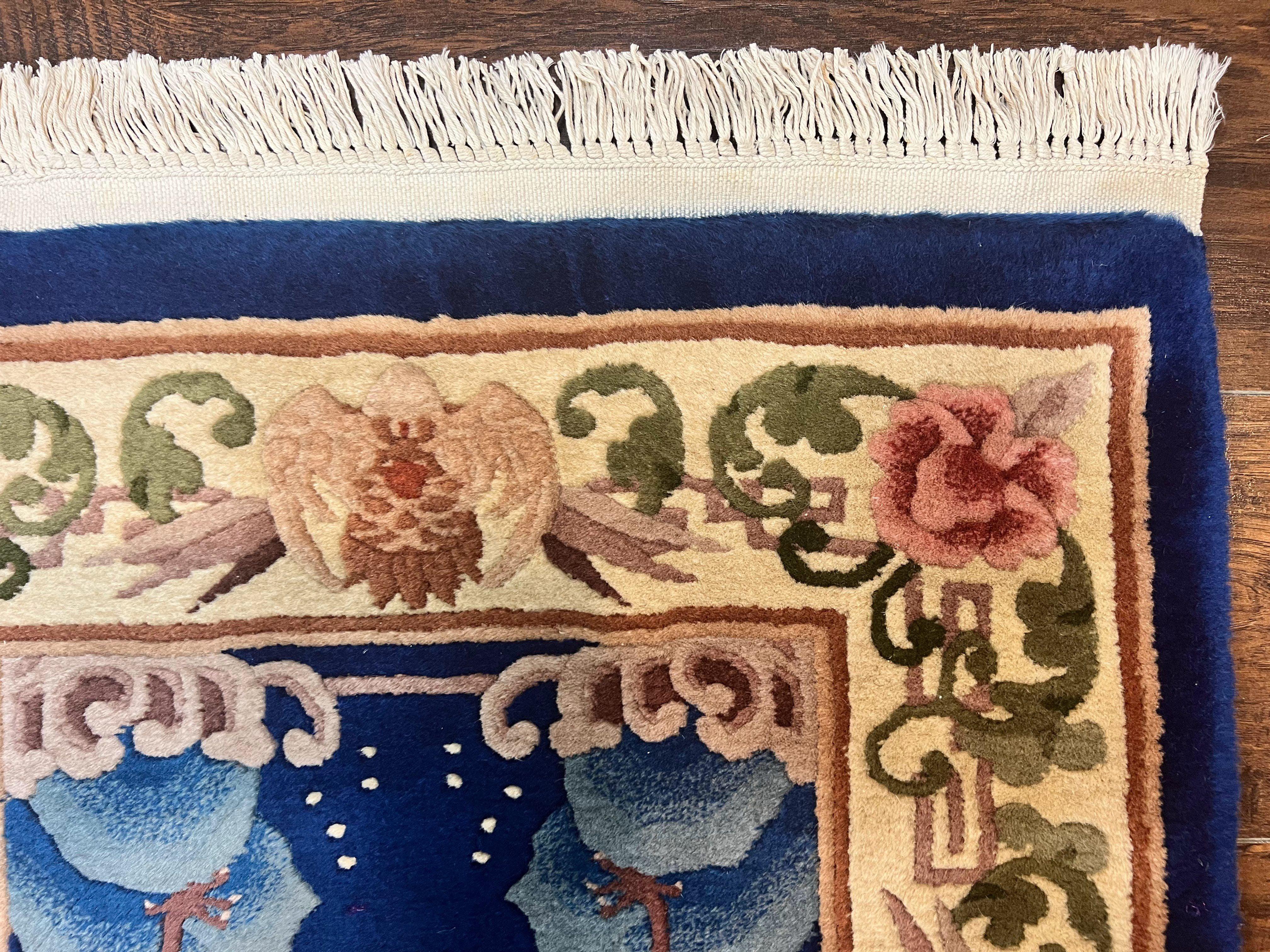 Chinese Wool Runner Rug 2x11, Blue and Beige, Swans, Handmade Vintage Asian Oriental Chinese Carving Rug, Art Deco 2 x 11 ft - Jewel Rugs