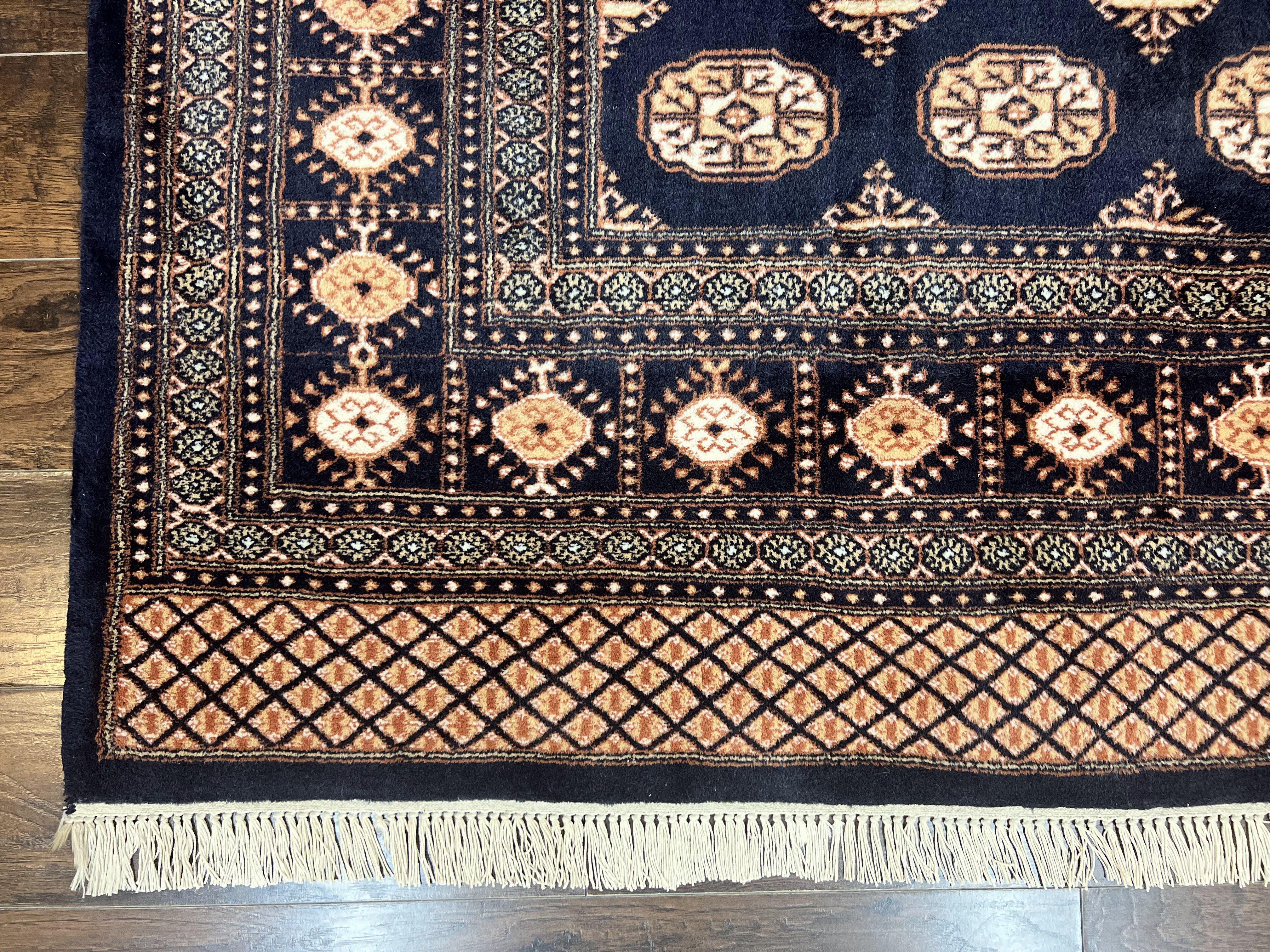 Pakistani Bokhara Rug 8x10, Turkoman Carpet 8 x 10, Dark Blue Ivory Cream Tan, Hand Knotted Vintage Handmade Wool Tribal Rug - Jewel Rugs