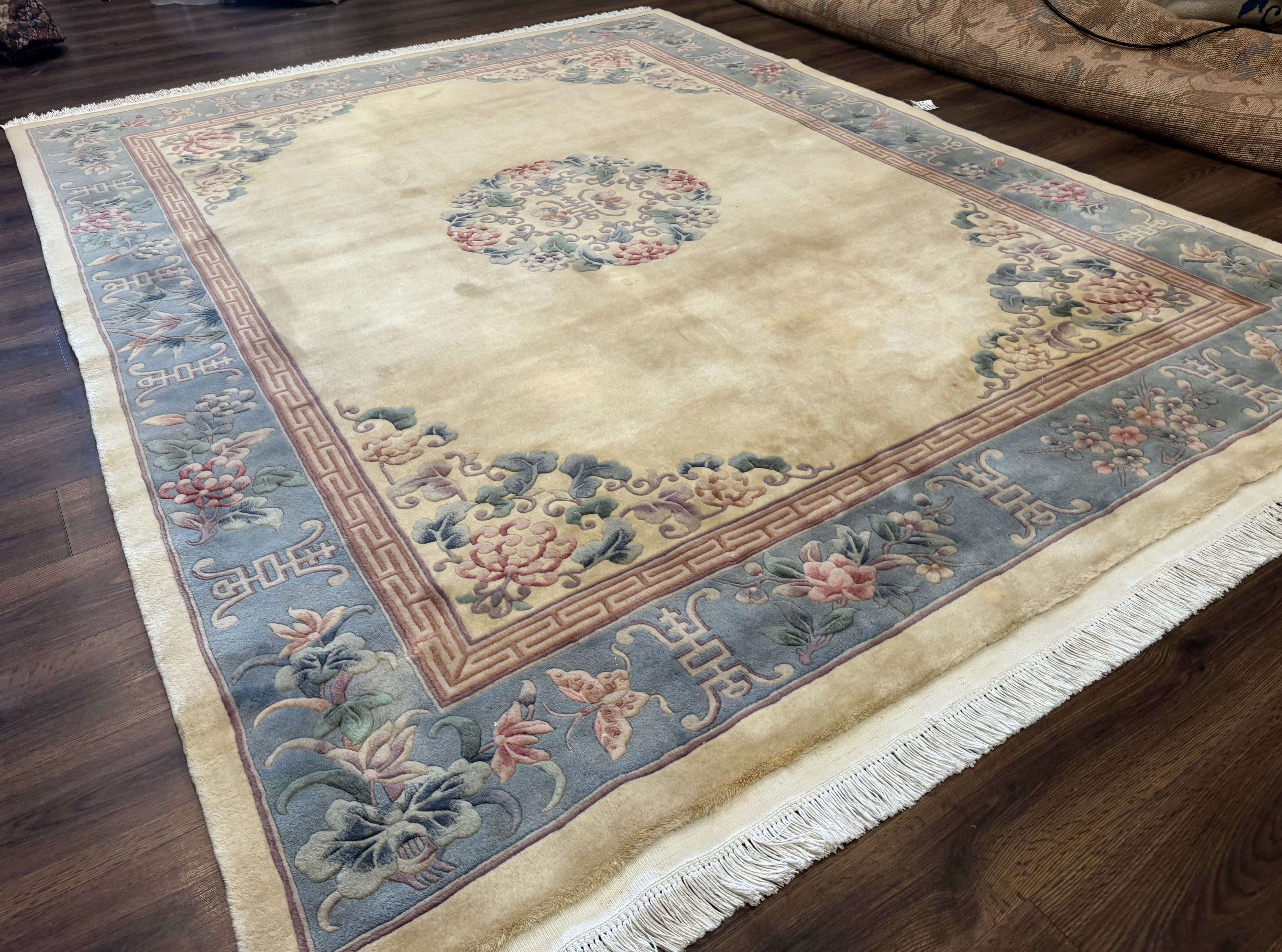 Chinese Wool Rug 8x10, Chinese 90 Line Carpet, Carving Sculpted Rug, Cream and Light Blue - Jewel Rugs