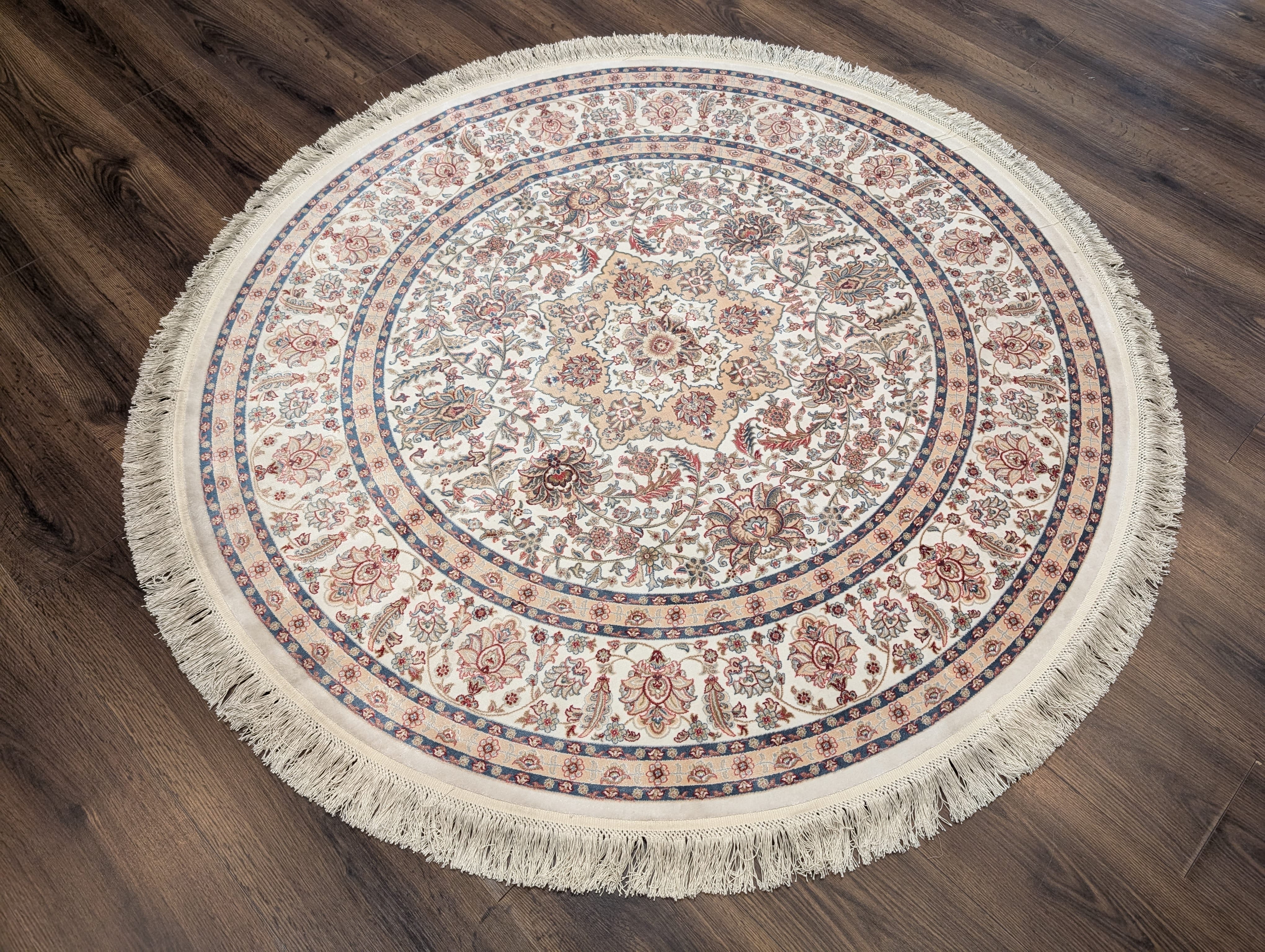 Round Silk Rug 5x5, Turkish Silk Carpet, Ivory, New, Bamboo Silk - Jewel Rugs