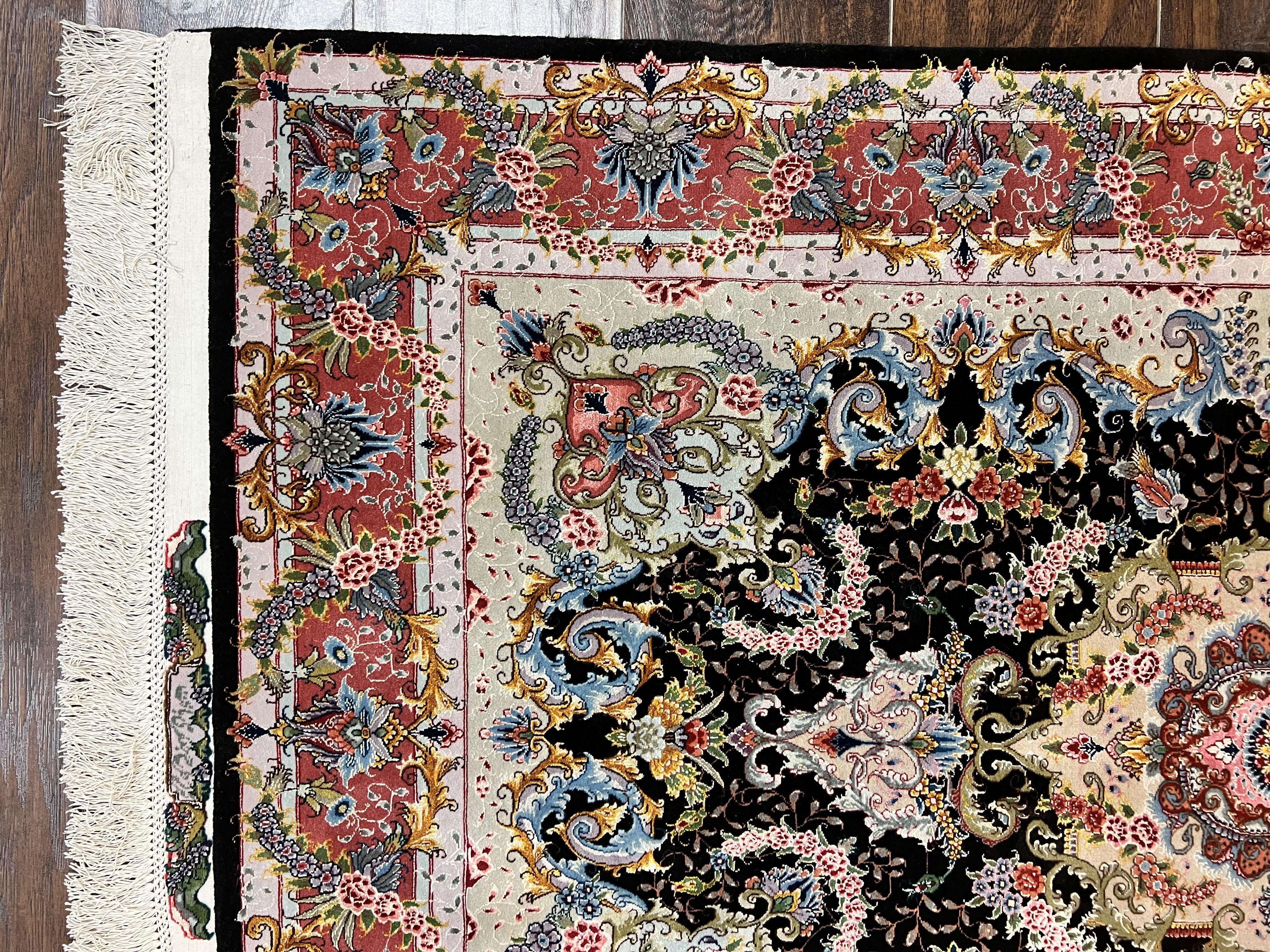 Wonderful 3x5 Persian Tabriz Rug, 650 KPSI, Kork Wool on Silk Foundation, Hand Knotted, Black and Red, Signed by Master Weaver, Floral Medallion - Jewel Rugs