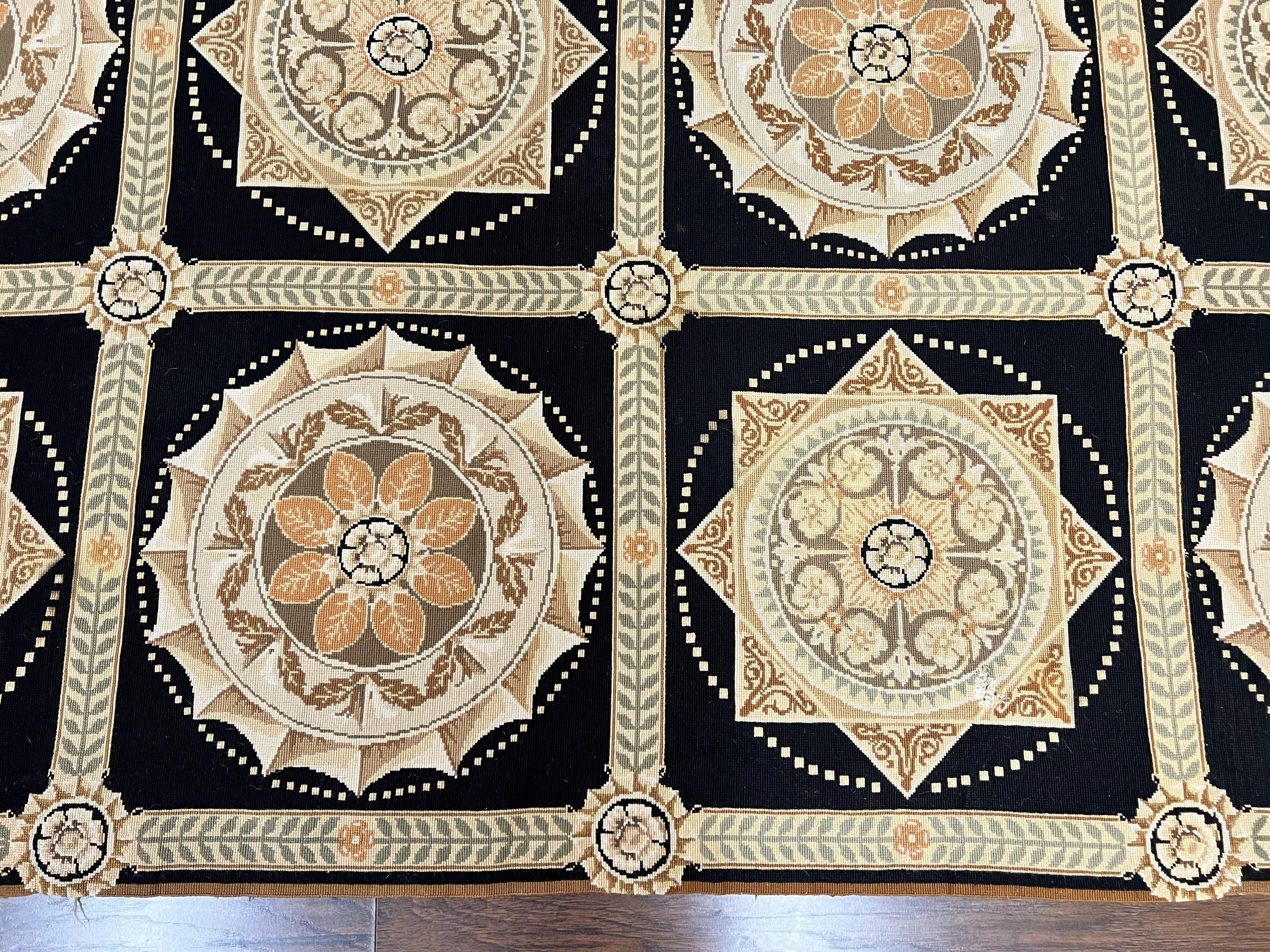 Needlepoint Rug 8x10, Black Tan Beige, Panel Design, Wool Handwoven Handmade Flatweave Needlepoint Carpet, Vintage French European Rug - Jewel Rugs