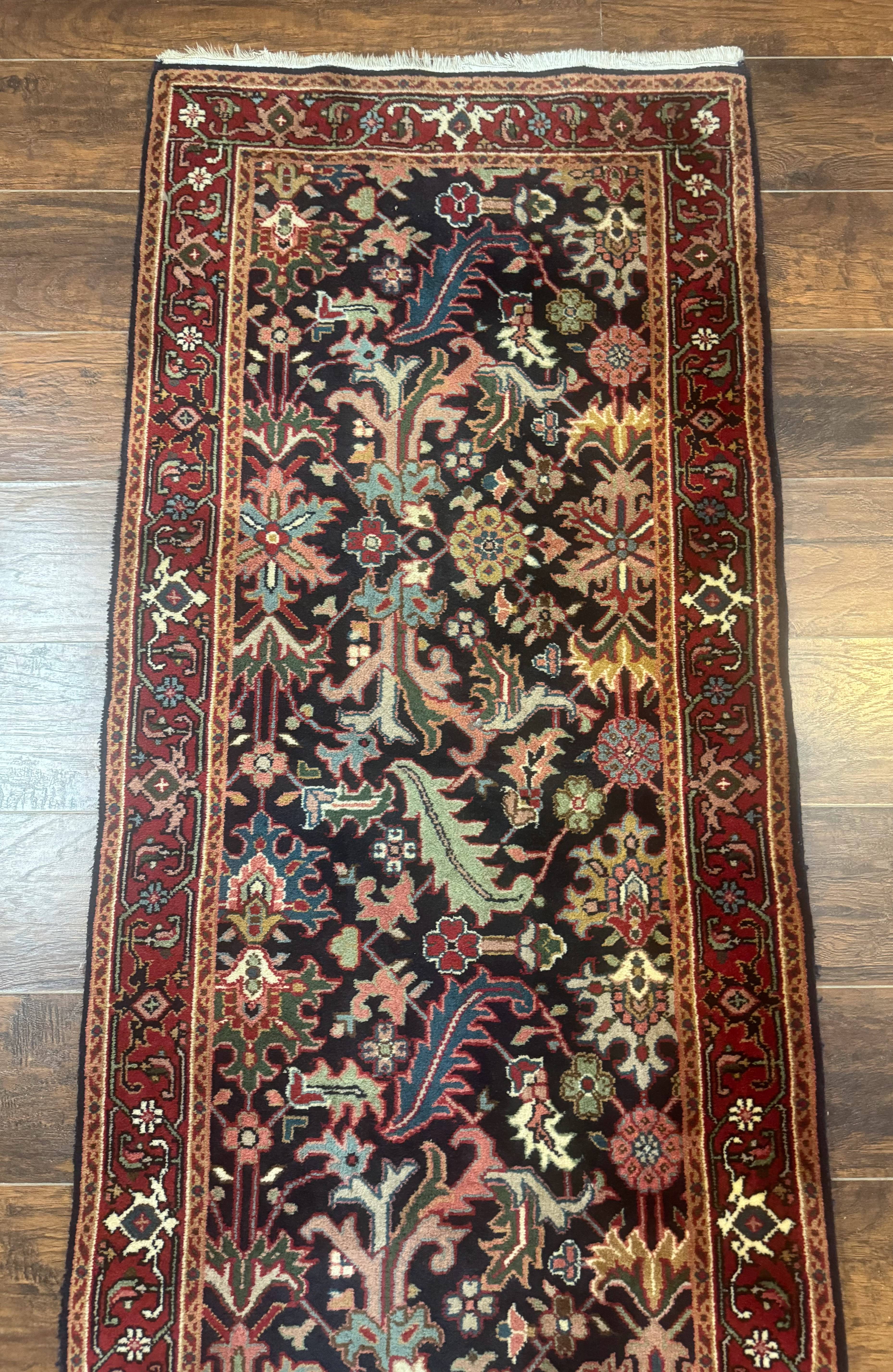 Indo Persian Runner Rug 2.7 x 13, Navy Blue and Red, Allover Floral, Wool, 13ft Runner - Jewel Rugs