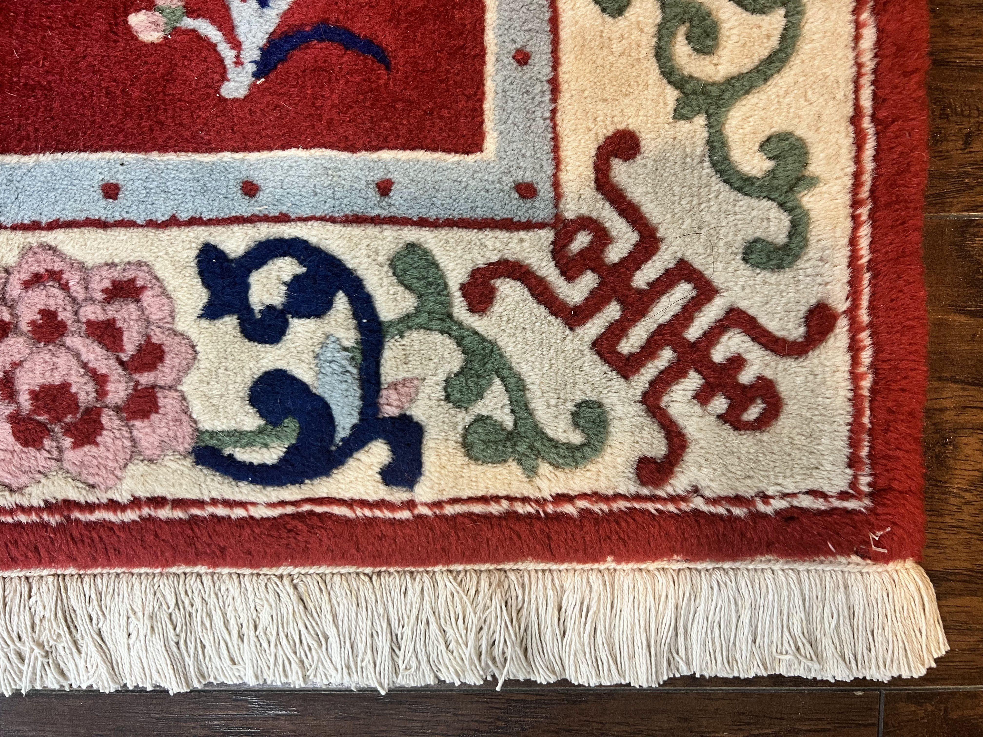 Chinese Wool Runner Rug 2x11, Red and Cream, Butterflies, Handmade Vintage Wool Asian Oriental Carpet 2 x 11, Chinese Carving Rug, 120 Line - Jewel Rugs