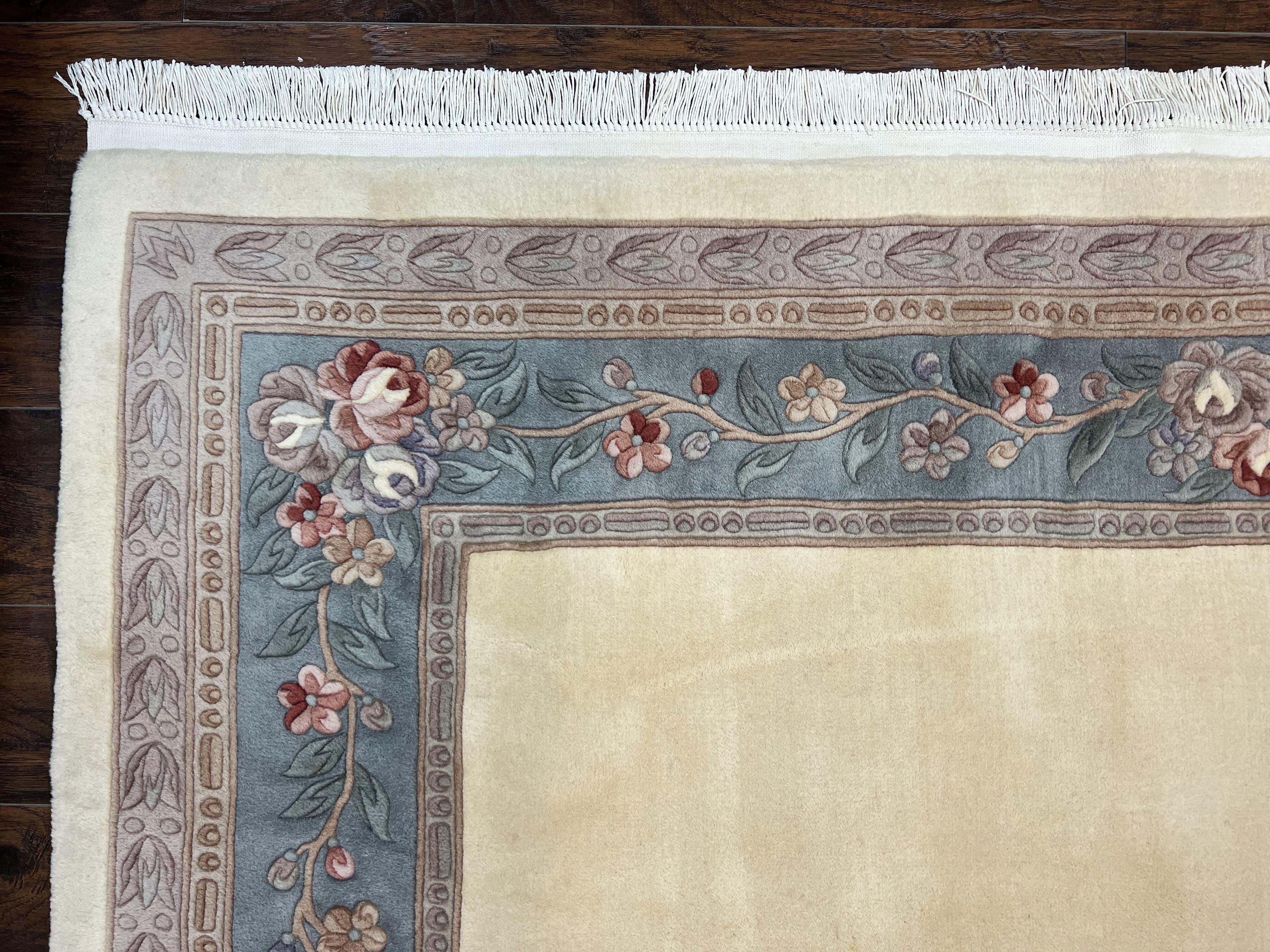 Chinese Carving Rug 8x10, Chinese Wool Carpet 8 x 10, Cream, 120 Line Rug, Vintage Handmade Art Deco Asian Oriental Rug, Aubusson Rug - Jewel Rugs