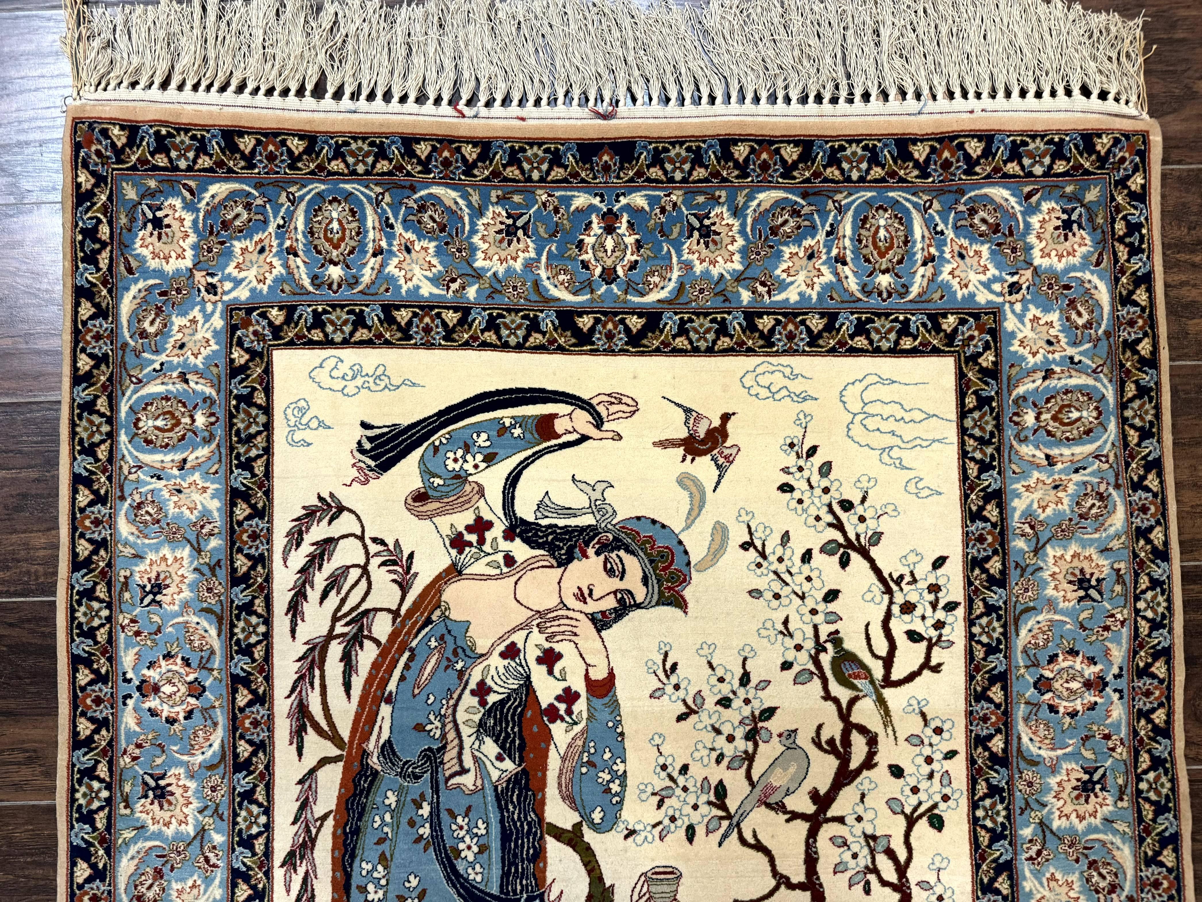 Persian Isfahan Pictorial Rug, Two Lovers, Kork Wool on Silk Foundation, Ivory and Light Blue, 500 KPSI Super Fine - Jewel Rugs