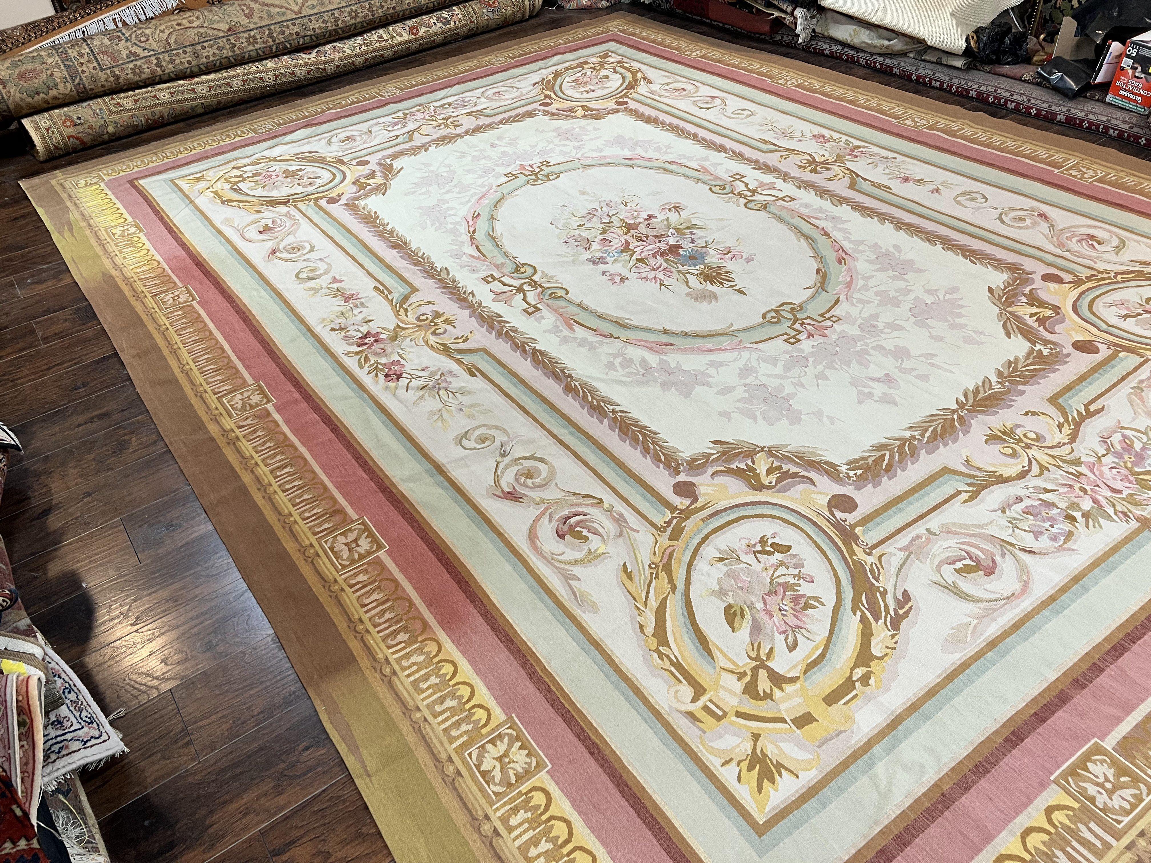 Large Aubusson Rug 11x15, Oversized Gallery Palace Size Flatweave Savonnerie Carpet 11 x 15 ft, Wool Handmade Vintage Elegant European - Jewel Rugs