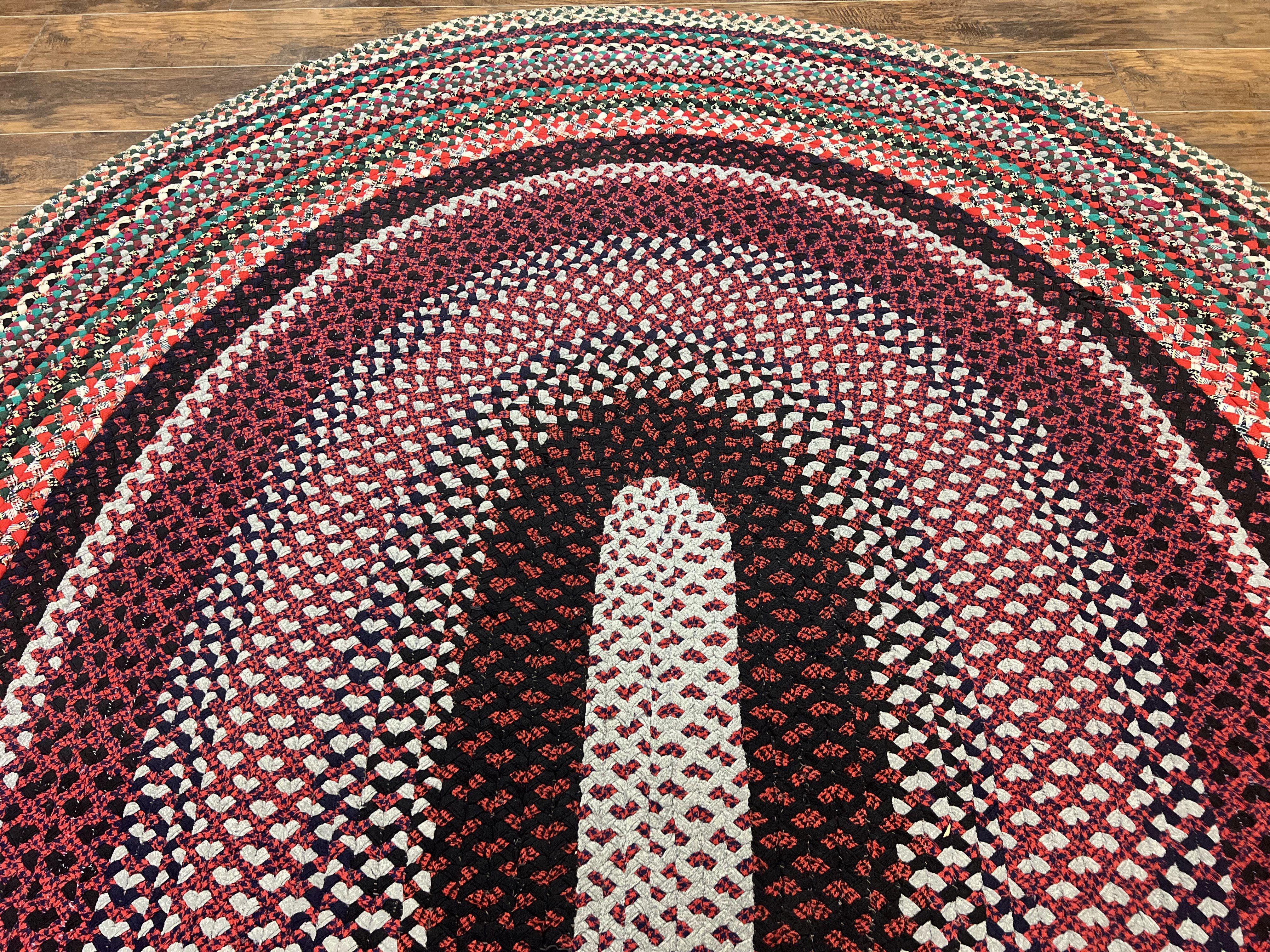 Large American Braided Rug 8x10, Multicolor Reds, Hand Braided Oval Carpet, Vintage - Jewel Rugs