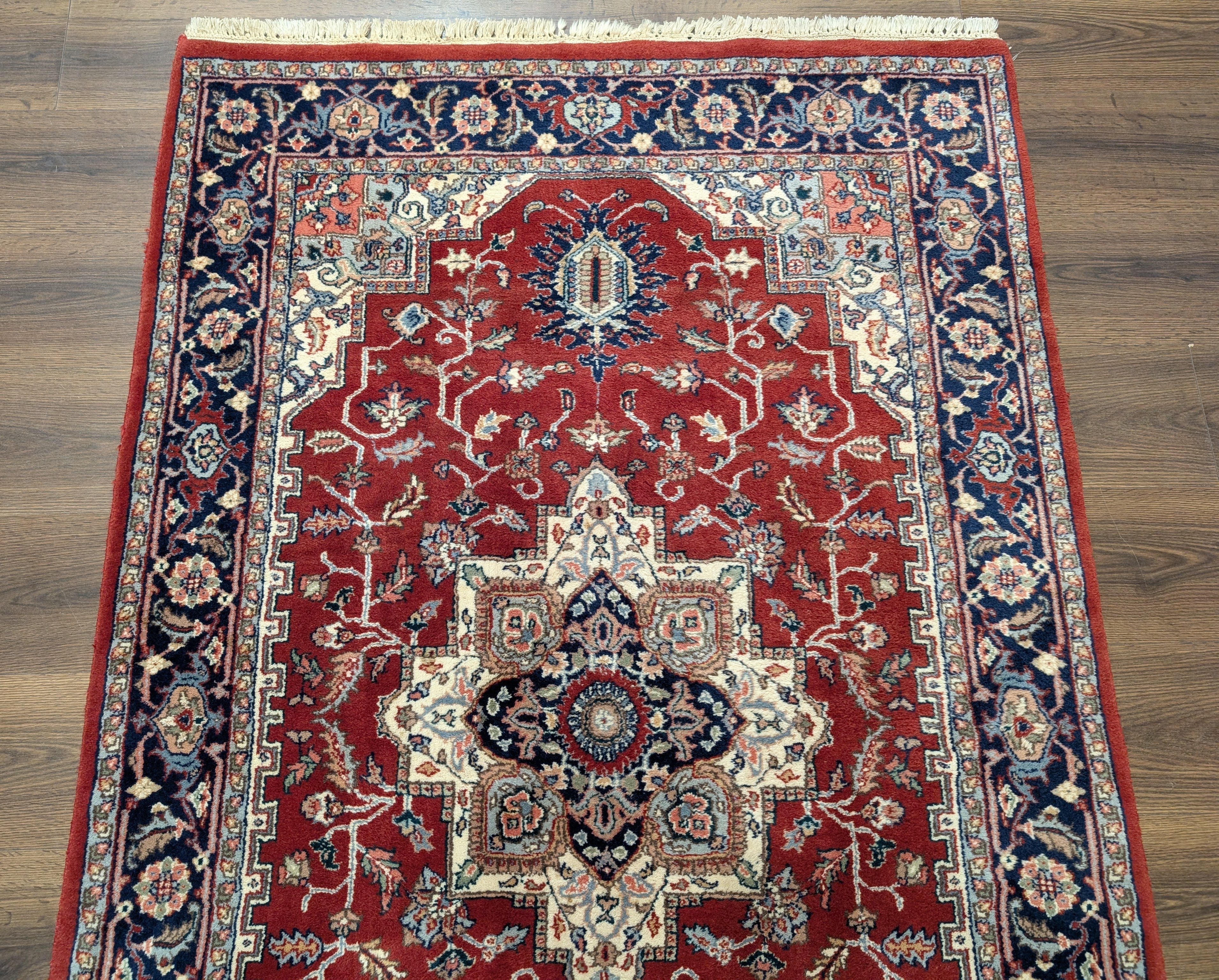 Indo Persian Heriz Rug 4x6, Red and Navy Hand Knotted Traditional Oriental Rug - Jewel Rugs