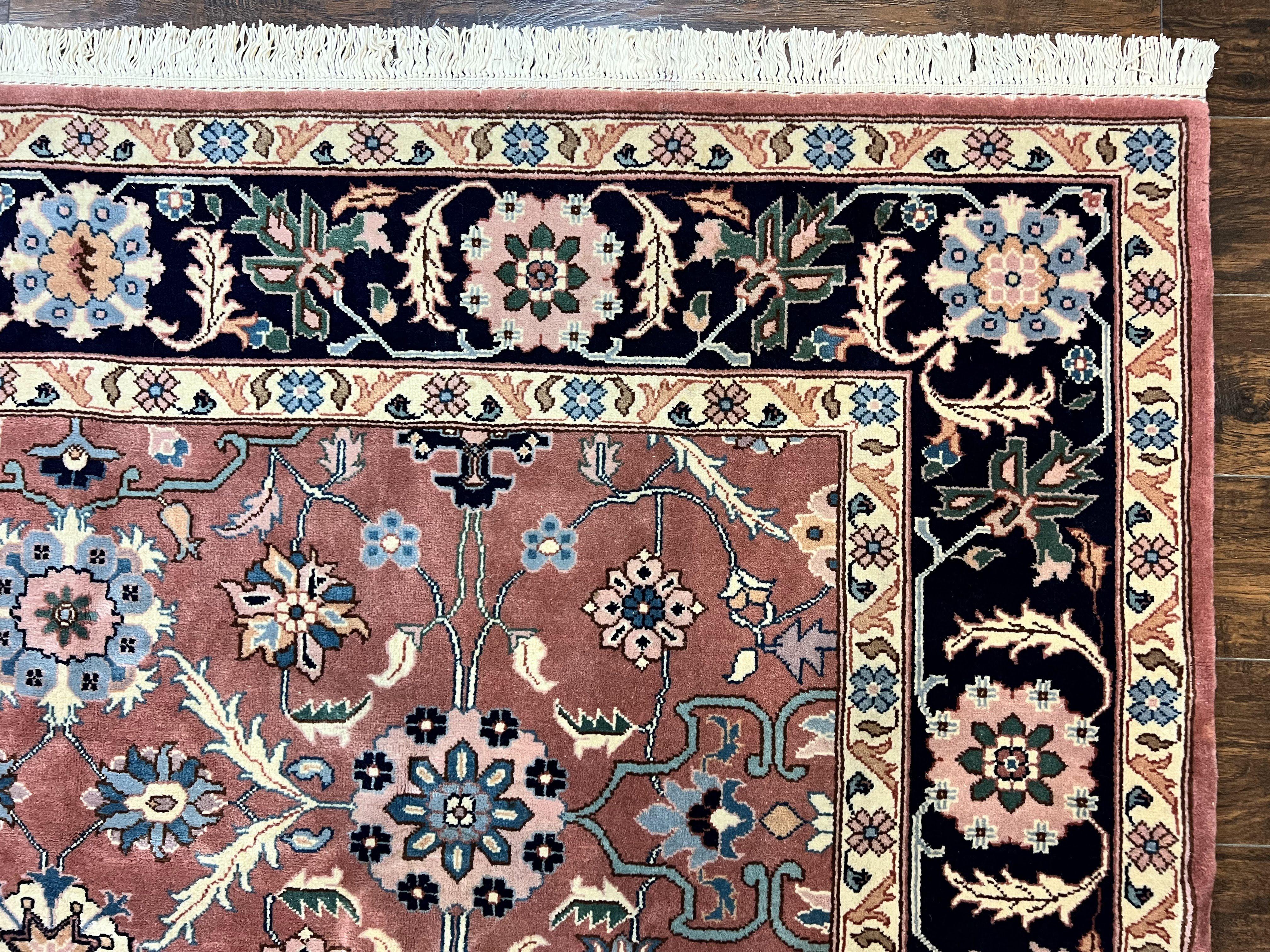 Indo Persian Square Rug 8x8 ft, Pink and Navy Blue, Allover Pattern, Handmade Vintage Wool Carpet - Jewel Rugs