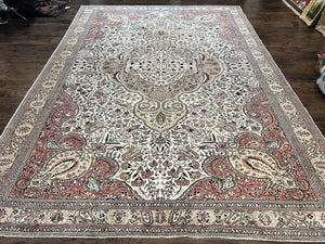 Turkish Sivas Rug 9x12, Handmade Vintage Wool Carpet, Cream Ivory
