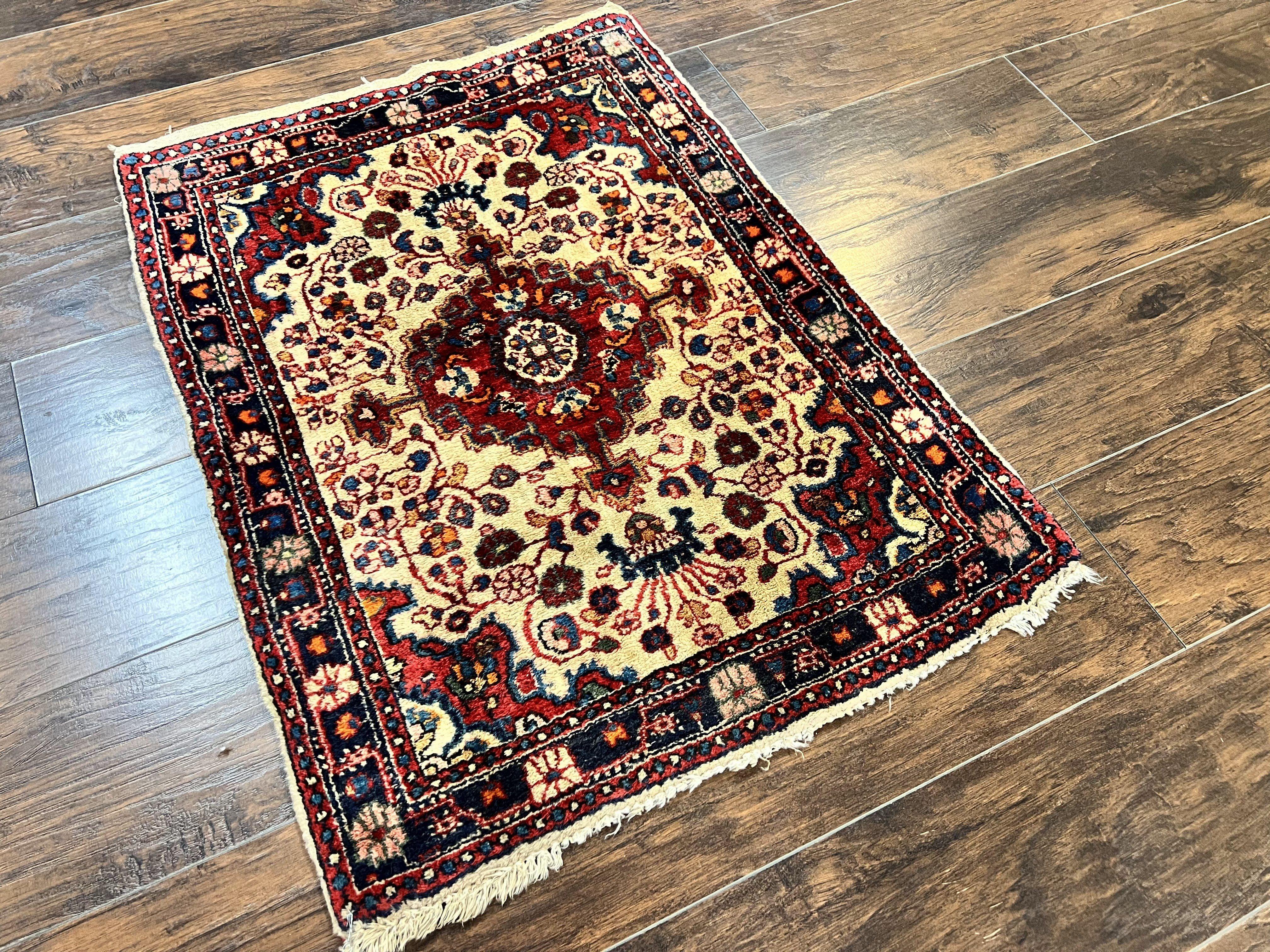 Persian Sarouk Rug 2x3, Antique Wool Hand Knotted Carpet, Cream/Ivory & Red, Small Floral Medallion Rug, Handmade Oriental Carpet - Jewel Rugs