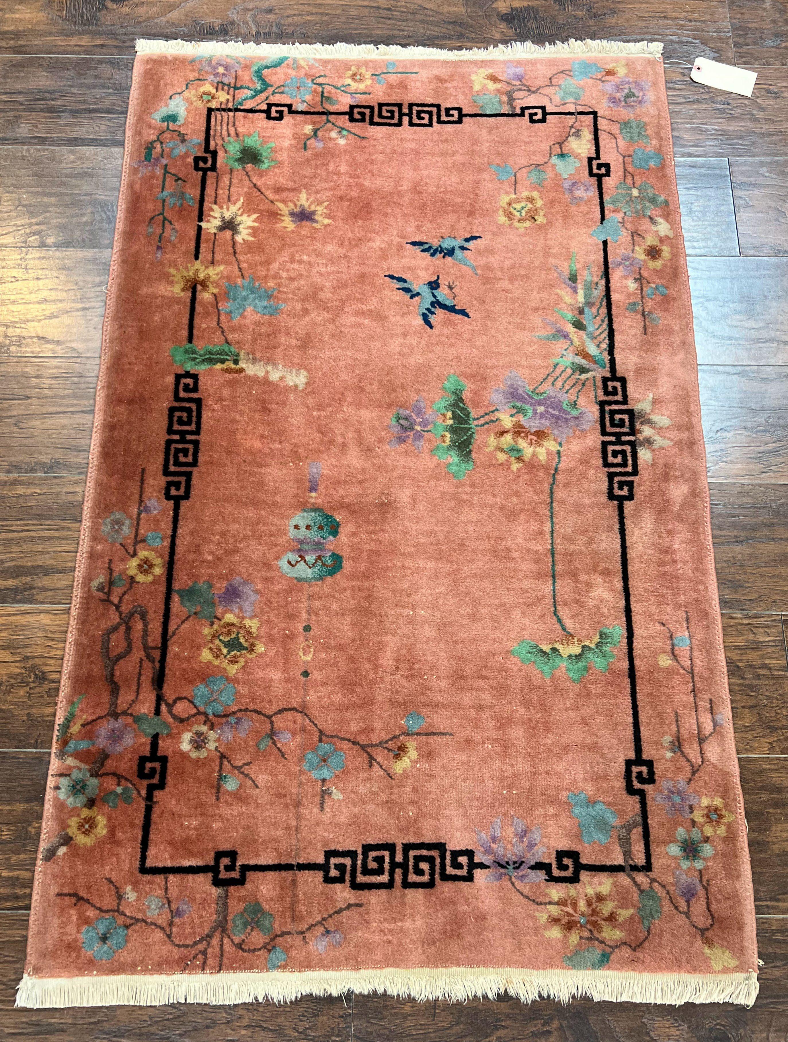 Chinese Art Deco Rug 3x5, Wool Hand Knotted Semi Antique Vintage Carpet, Salmon Red, Birds Flowers, Asian Oriental Rug 3 x 5 - Jewel Rugs