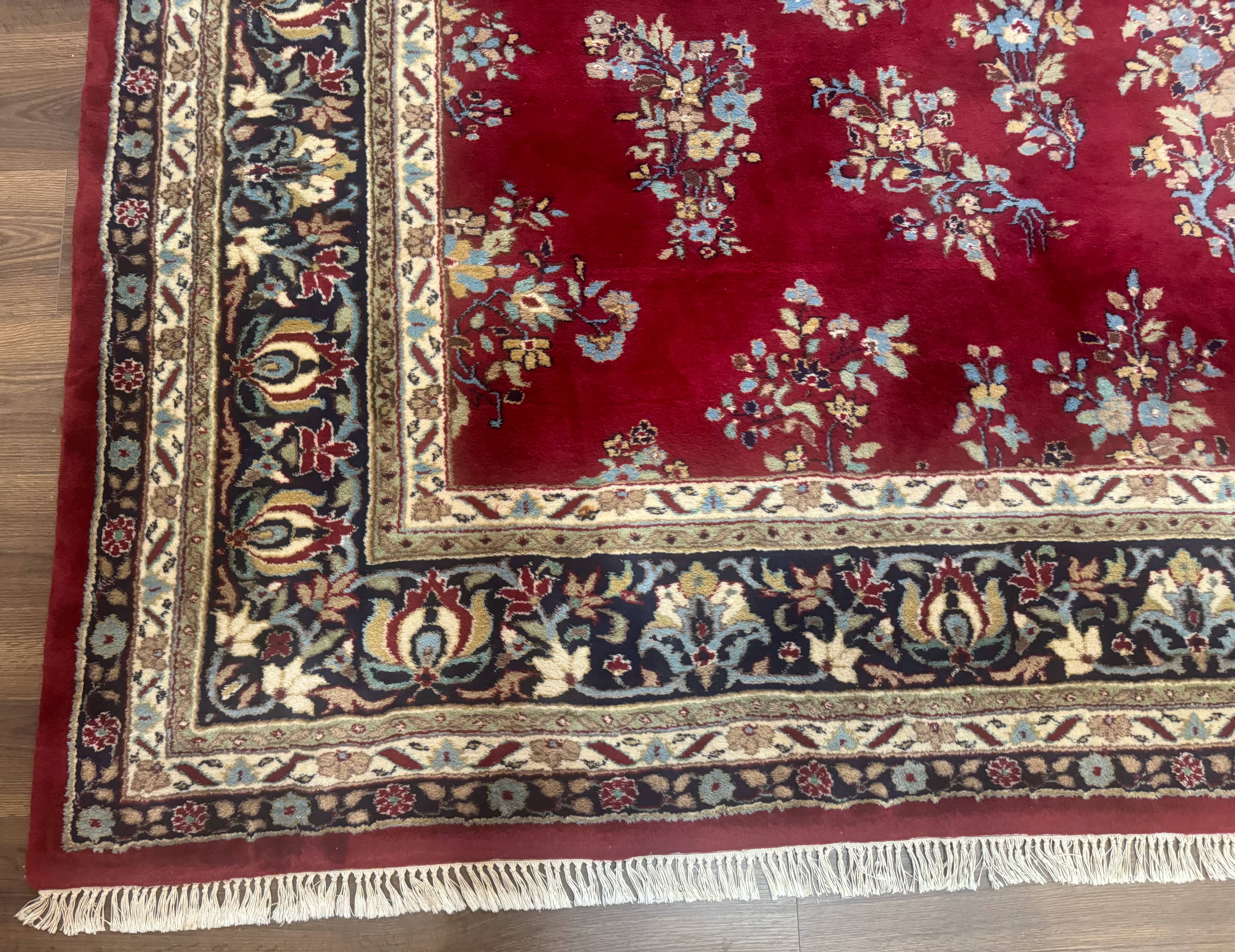 Indo Persian Sarouk Rug 10x14, Large Red and Navy Blue Carpet, Traditional Floral Wool Rug - Jewel Rugs