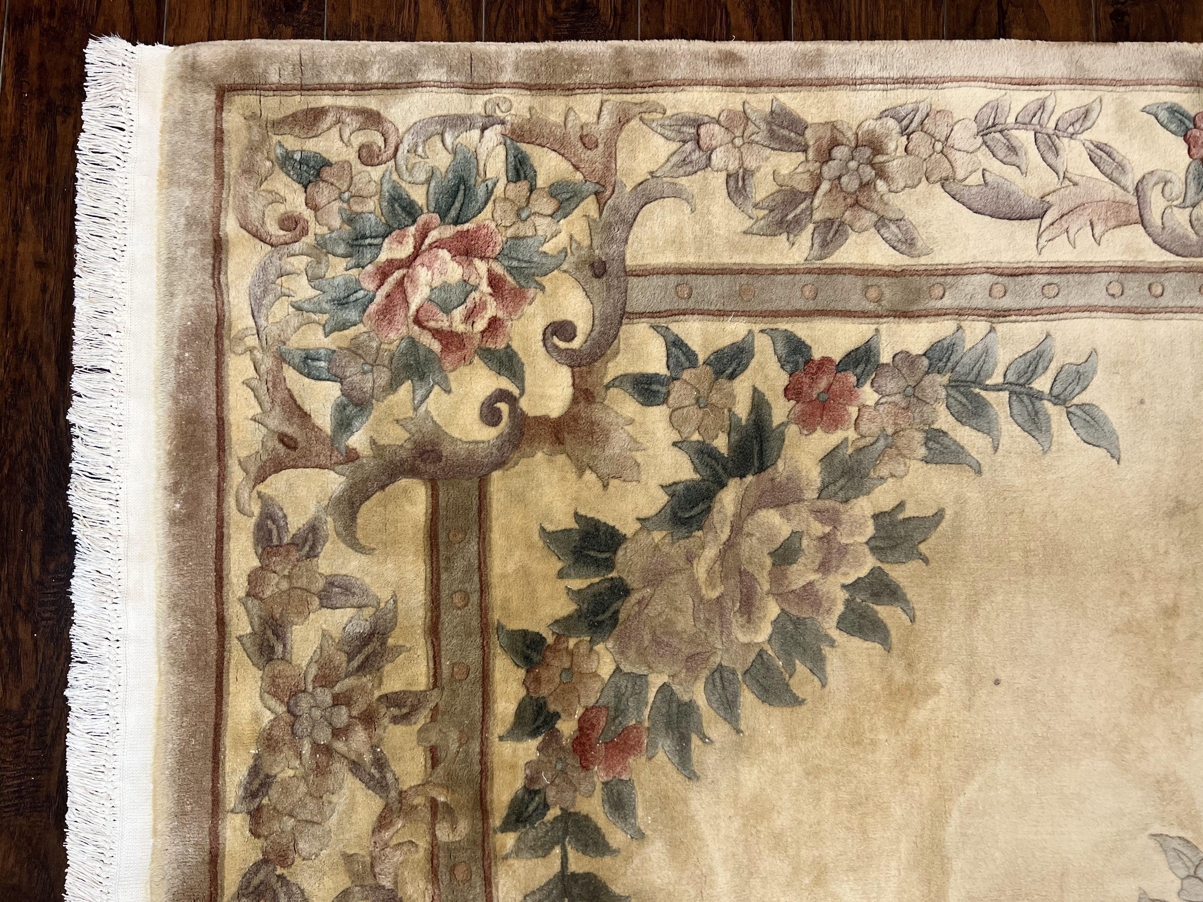 Chinese 90 Line Rug 9x12 ft, Vintage 1960s Chinese Wool Pile Aubusson Area Rug 9 x 12 ft, Tientsin Asian Oriental Rug, Floral - Jewel Rugs