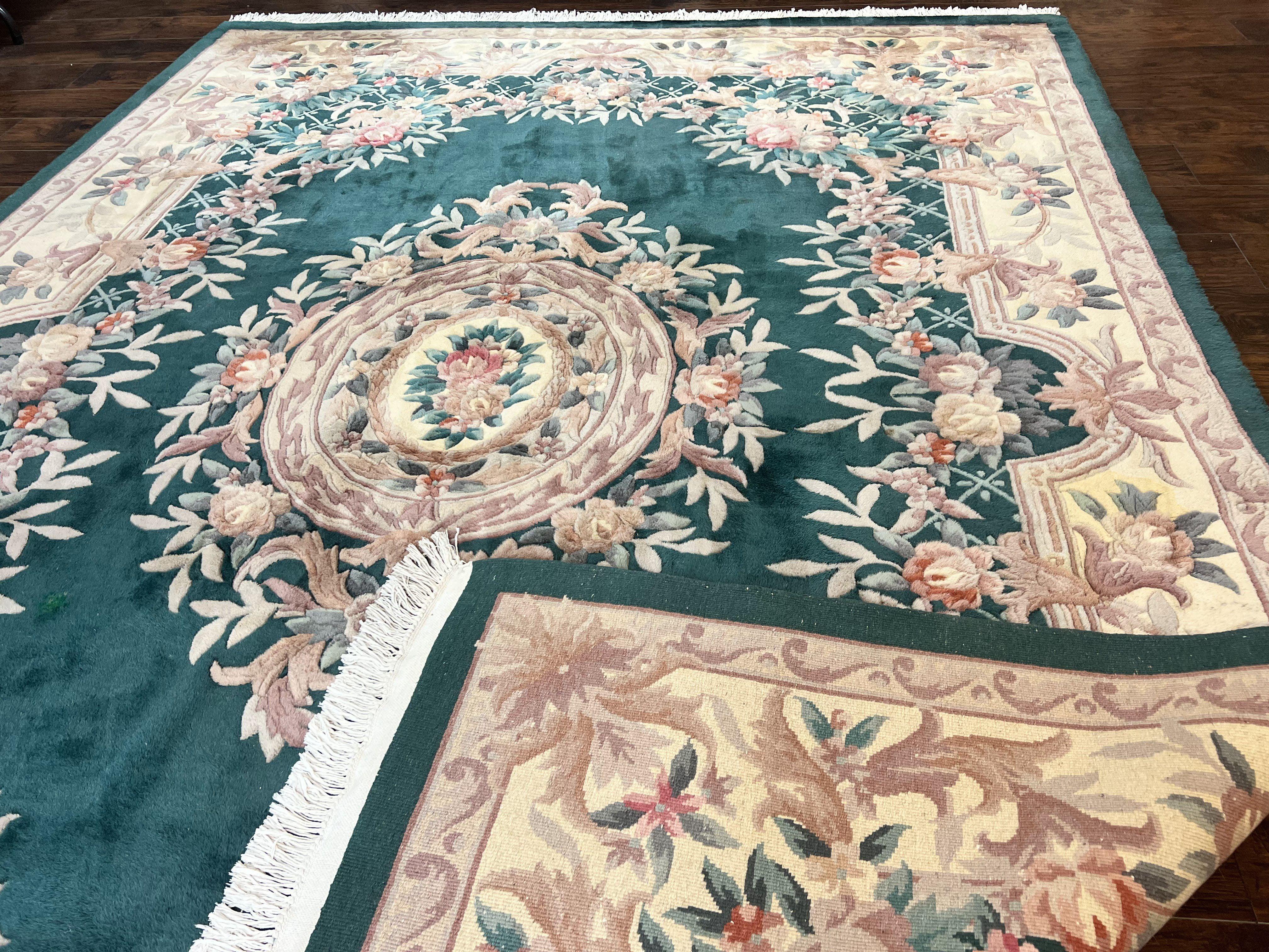 Chinese Wool Rug 9x11, Chinese Aubusson Carpet 9 x 11, Green and Cream, 120 Line, Handmade Room Sized Plush Pile, Vintage Rug - Jewel Rugs