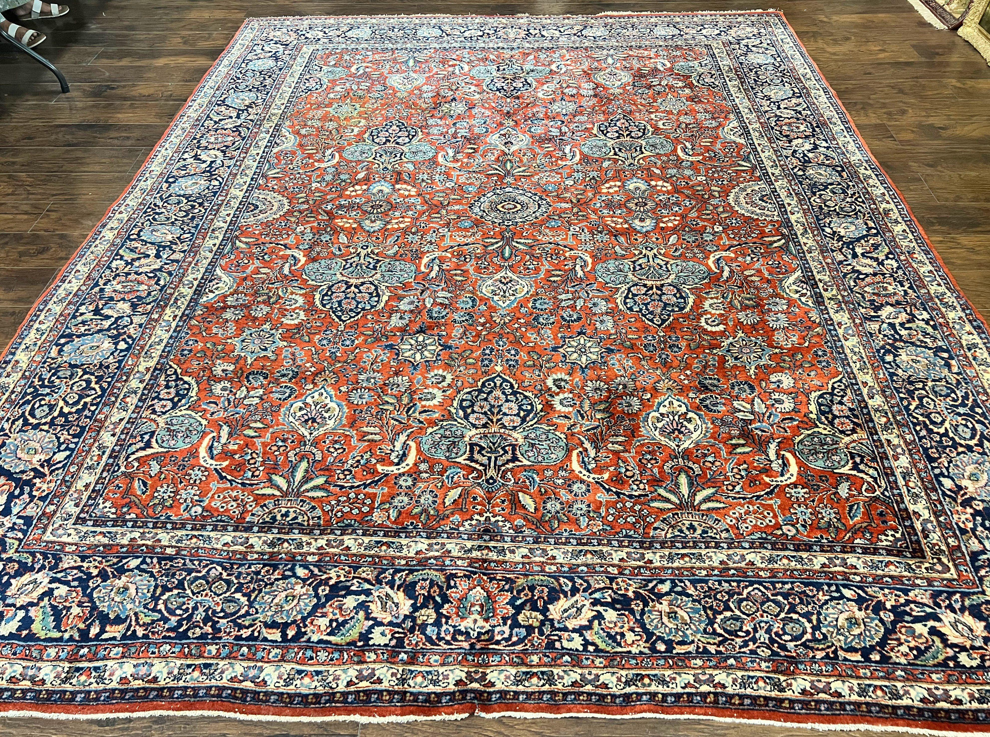Persian Sarouk Rug 9x12, Red and Dark Blue Floral Allover Antique Persian Carpet, Handmade Wool Qazvin Rug - Jewel Rugs
