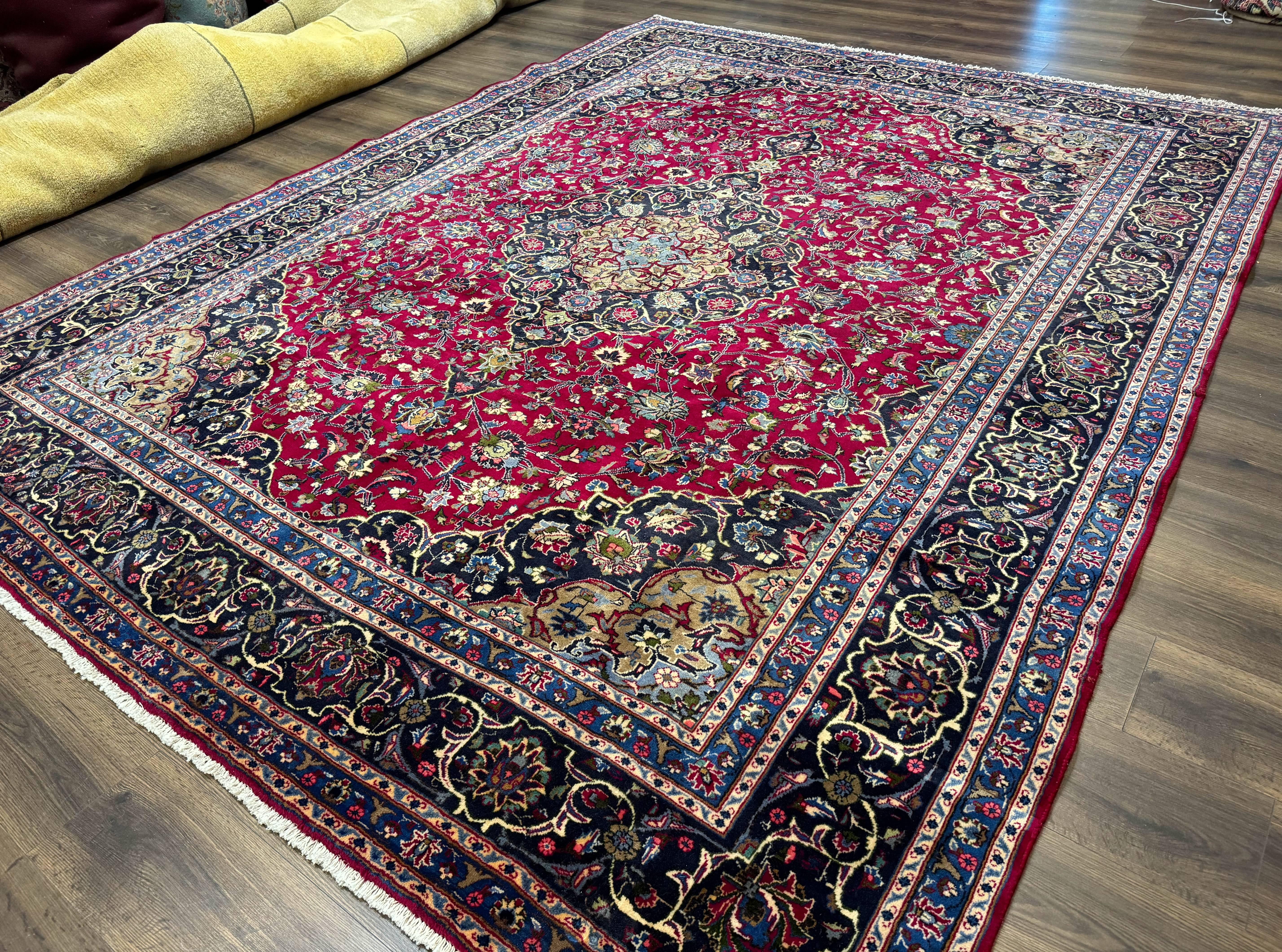 Traditional Persian Rug 8x11, Red Navy Blue, Floral Medallion, Antique Persian Mashad Carpet, Wool - Jewel Rugs