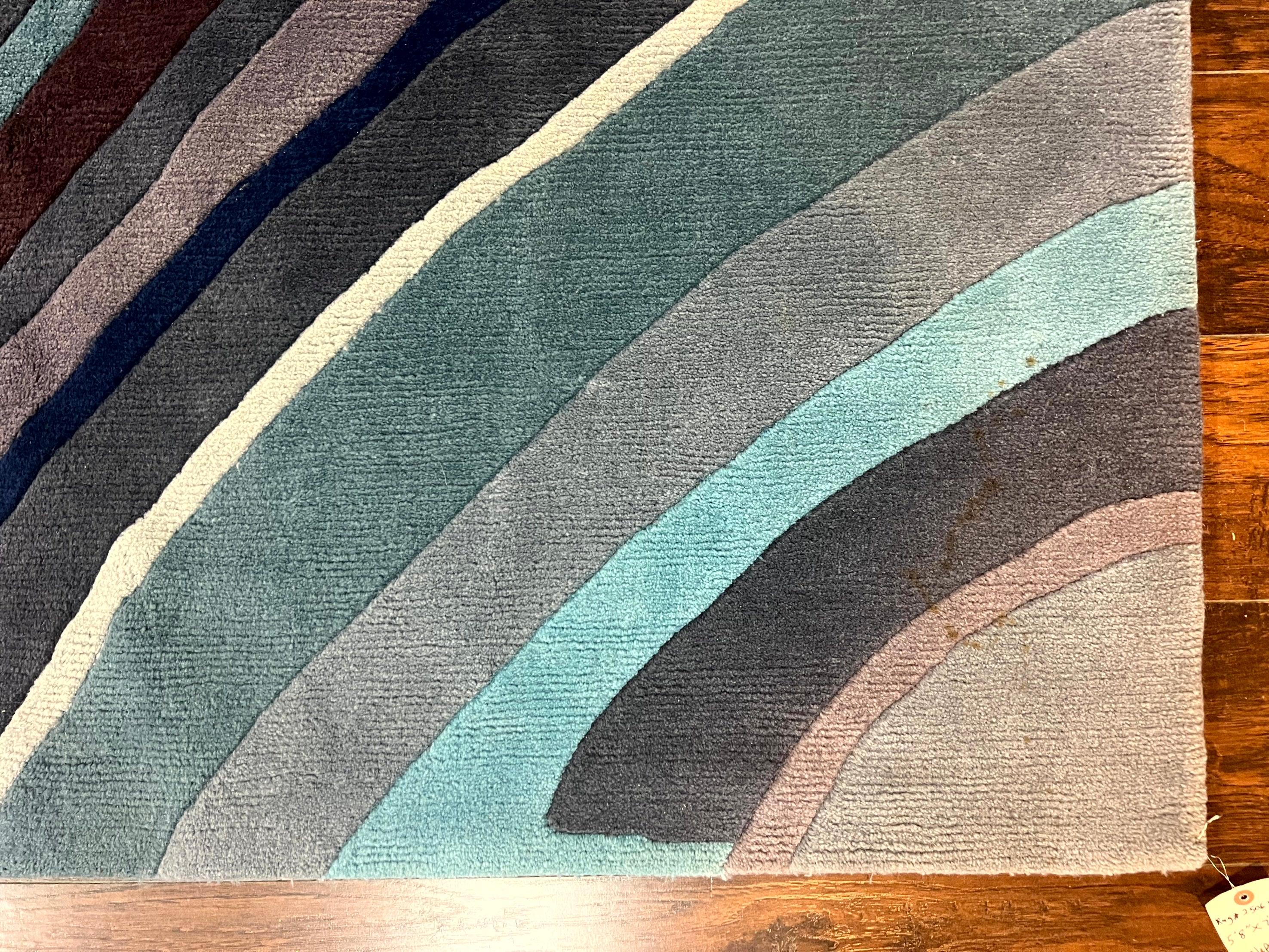 Modern Nepali Handmade Wool Rug 6x8, Blues Gray Mauve, Abstract, Nepali Tibetan Rug - Jewel Rugs