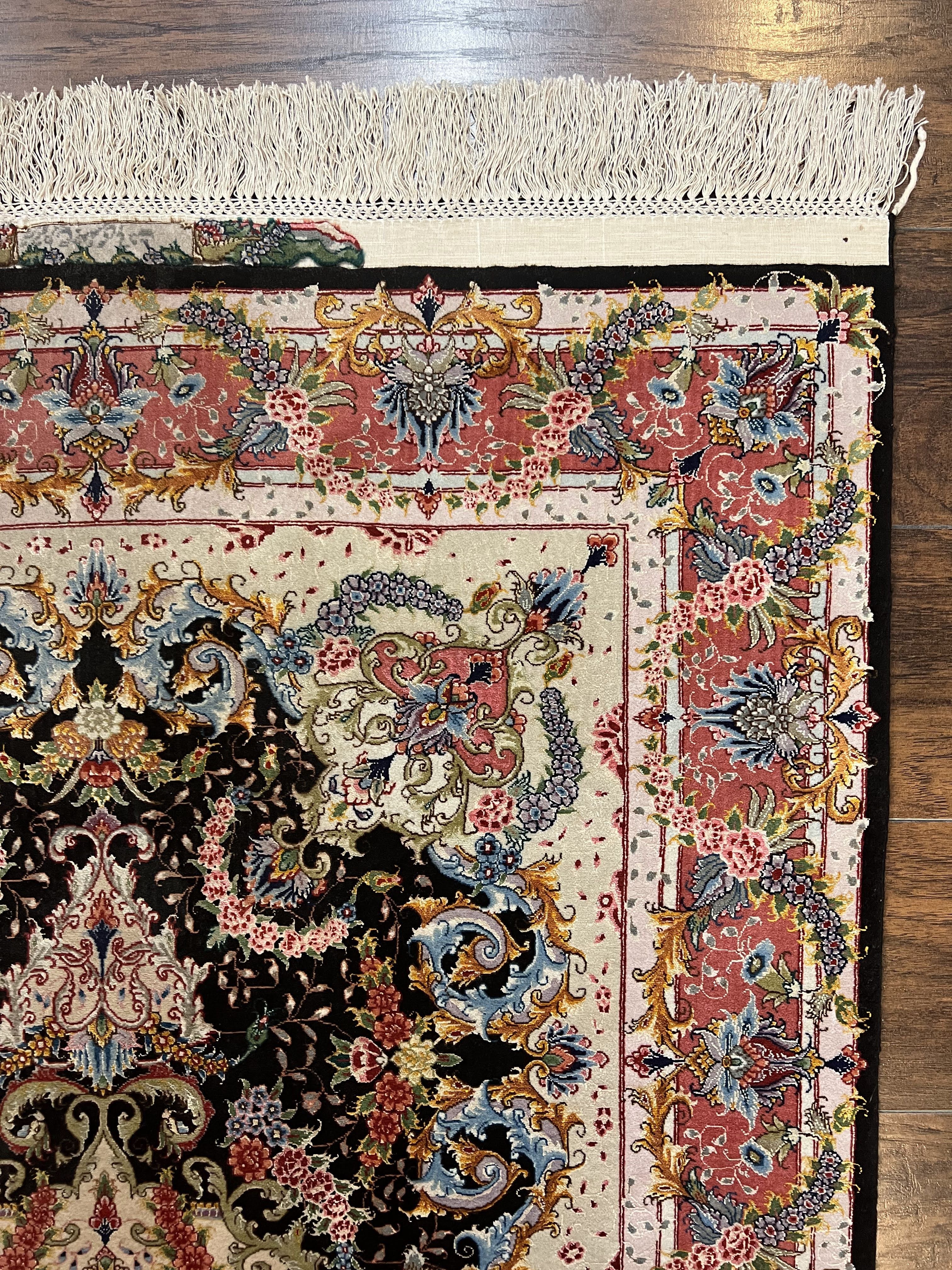 Stunning Persian Tabriz Rug 3.5 x 5, Super Fine, Kork Wool on Silk, Floral Medallion, 70 Raj, 650 KPSI, Signed Master Piece, Hand Knotted, Black - Jewel Rugs