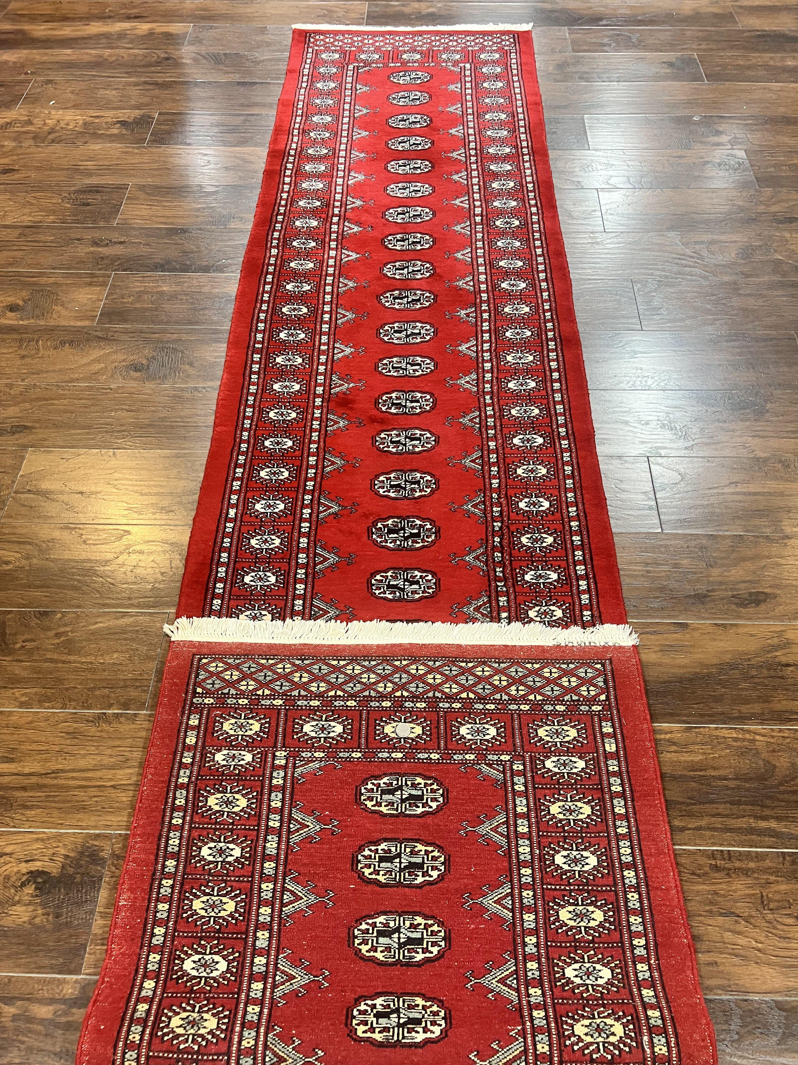 Pakistani Runner Rug 2.8 x 12, Bokhara Turkoman Runner, Wool Hand Knotted Vintage Hallway Rug, Red Ivory & Black - Jewel Rugs