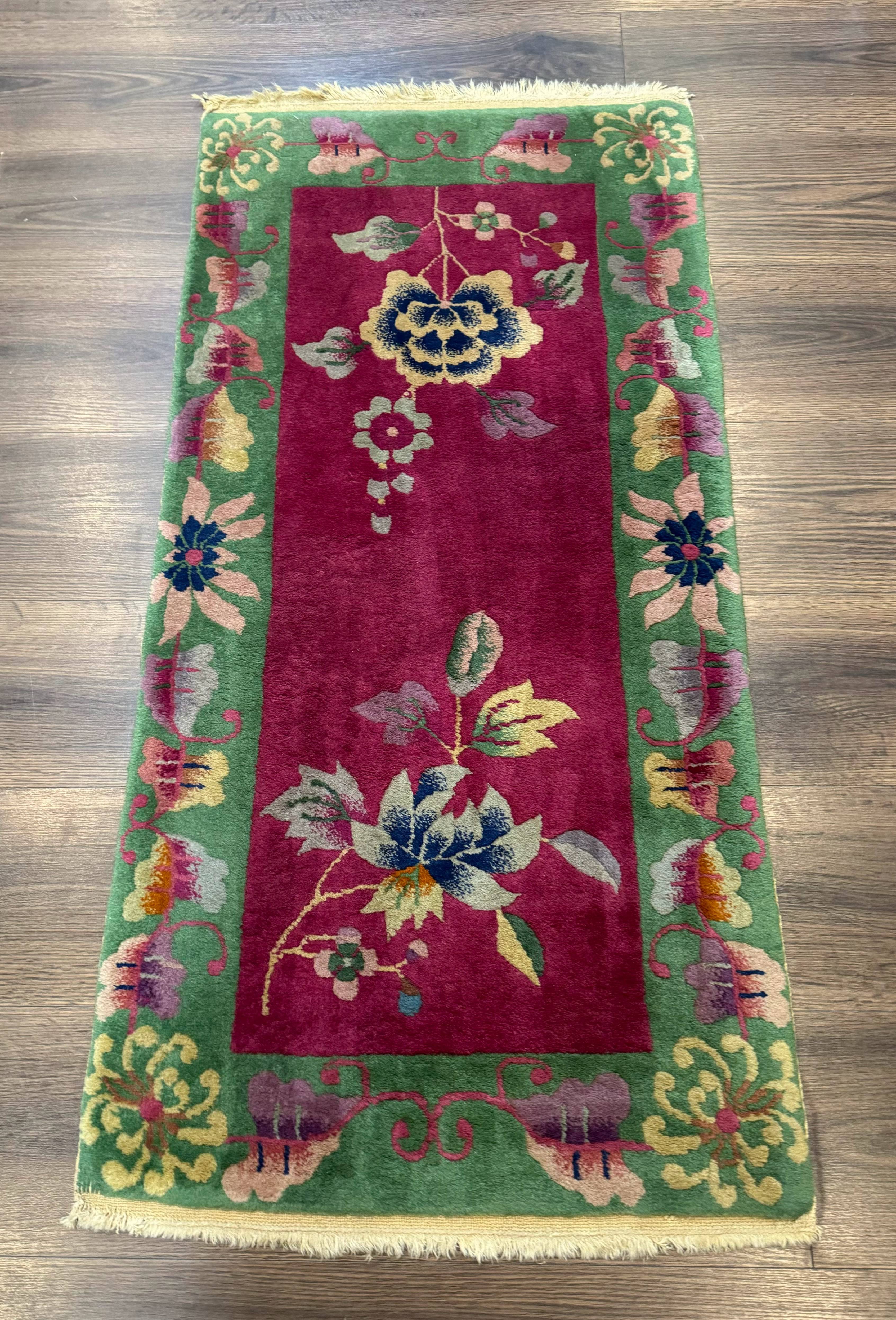 Small Chinese Art Deco Rug 2x4, Magenta and Green, Nichols Carpet, Floral, Wool - Jewel Rugs