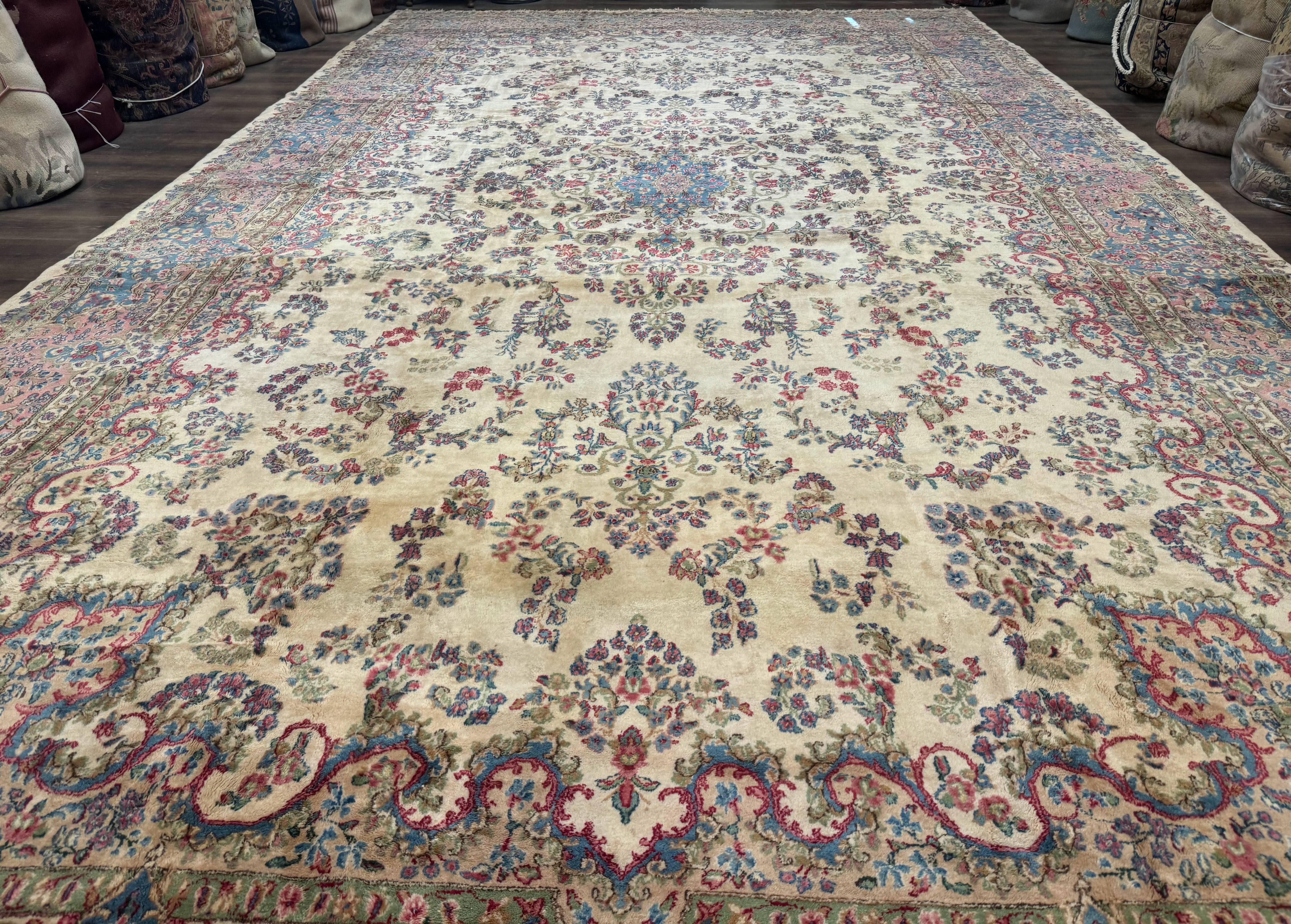 Palace Size Persian Kerman Rug 11x20 ft, Very Fine 340 KPSI, Vintage Oversized Wool Handmade Large Persian Carpet, Beige Light Blue Pink - Jewel Rugs