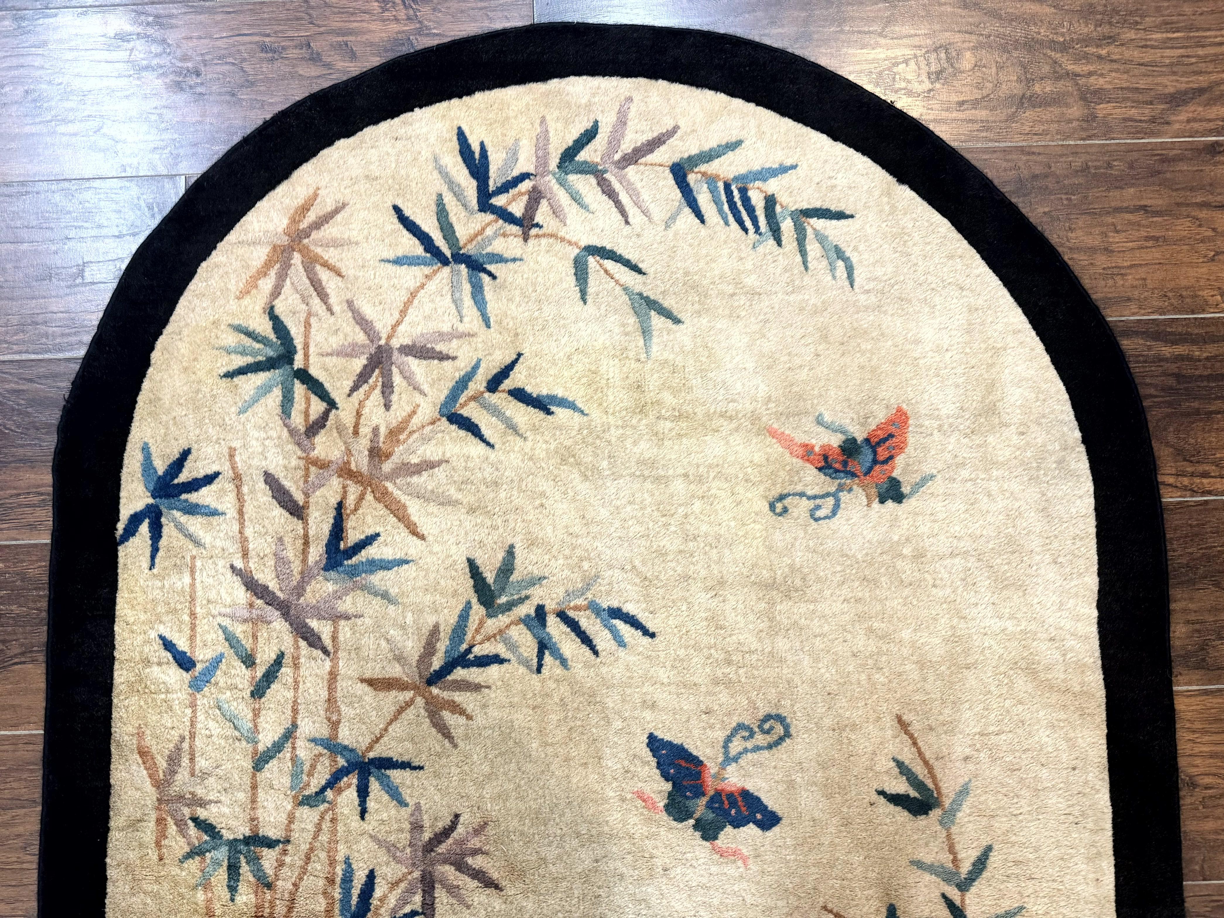 Antique Chinese Oval Rug 3.9 x 6.7, Floral, Butterflies, Chinese Wool Art Deco Peking Carpet, Beige, Handmade - Jewel Rugs