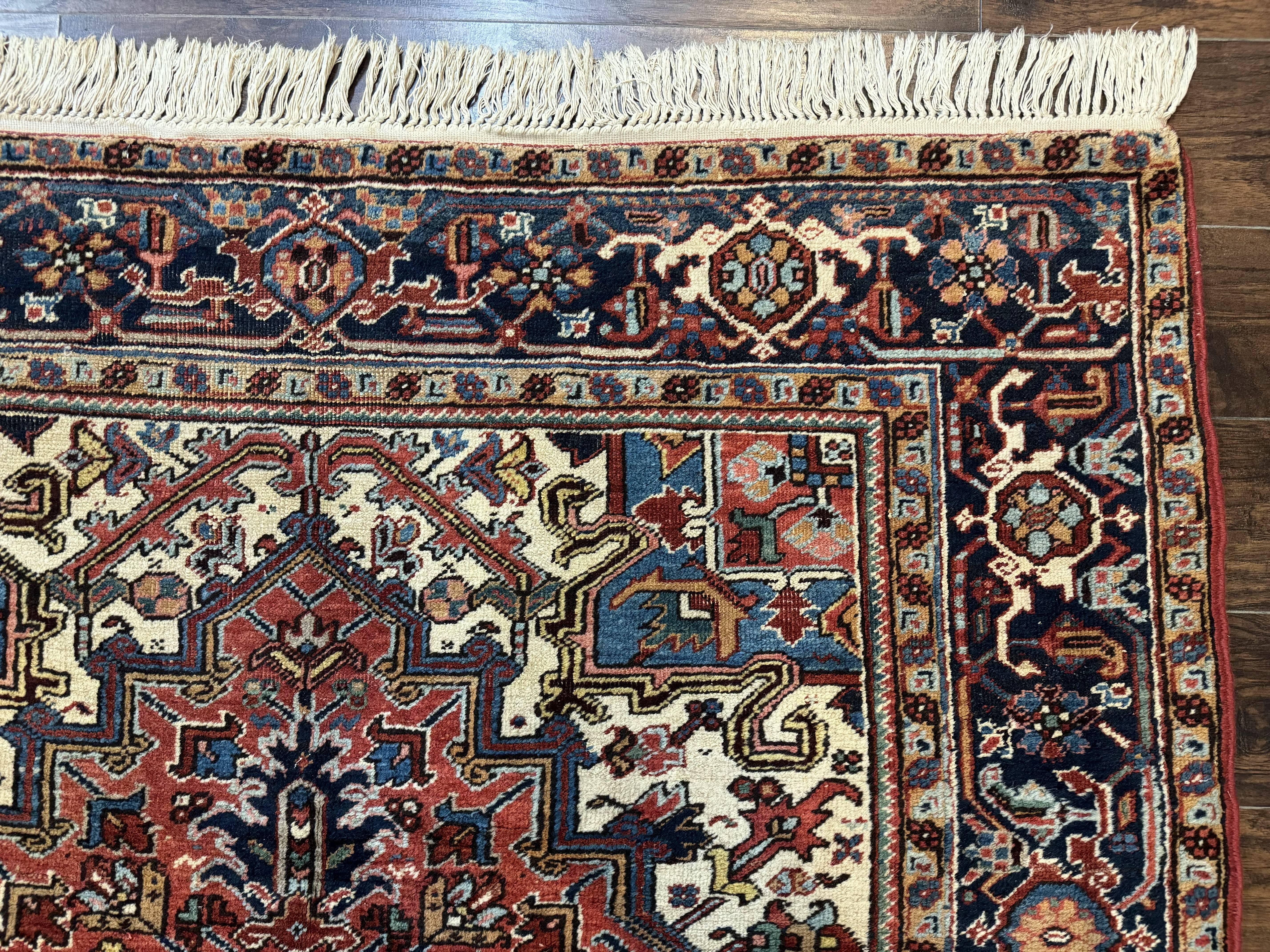 Antique Persian Heriz Rug 6x9, Red Navy Blue, Wool, Geometric Medallion - Jewel Rugs