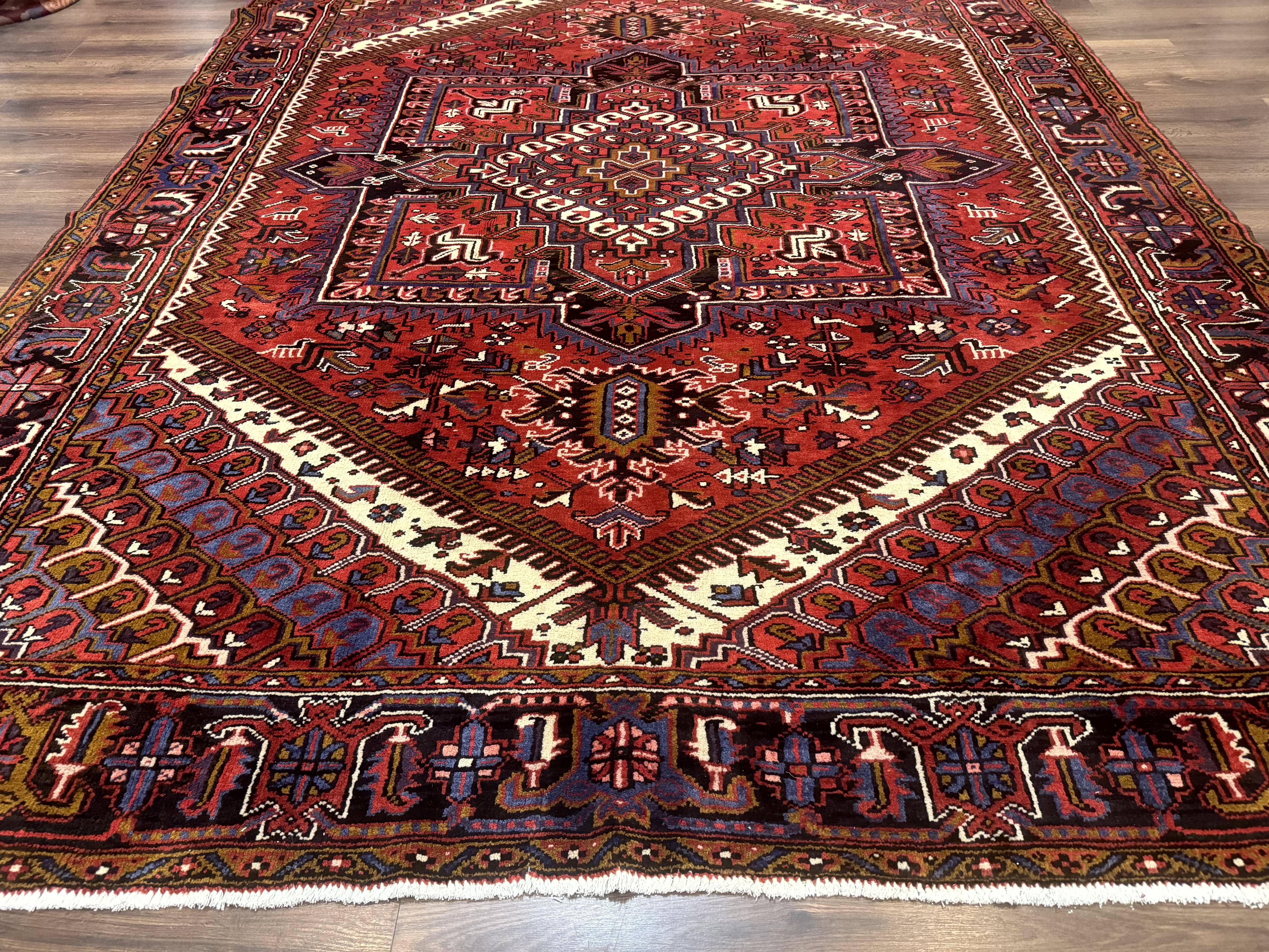 Persian Heriz Rug 8.6 x 11, Geometric Design, Red, Vintage - Jewel Rugs