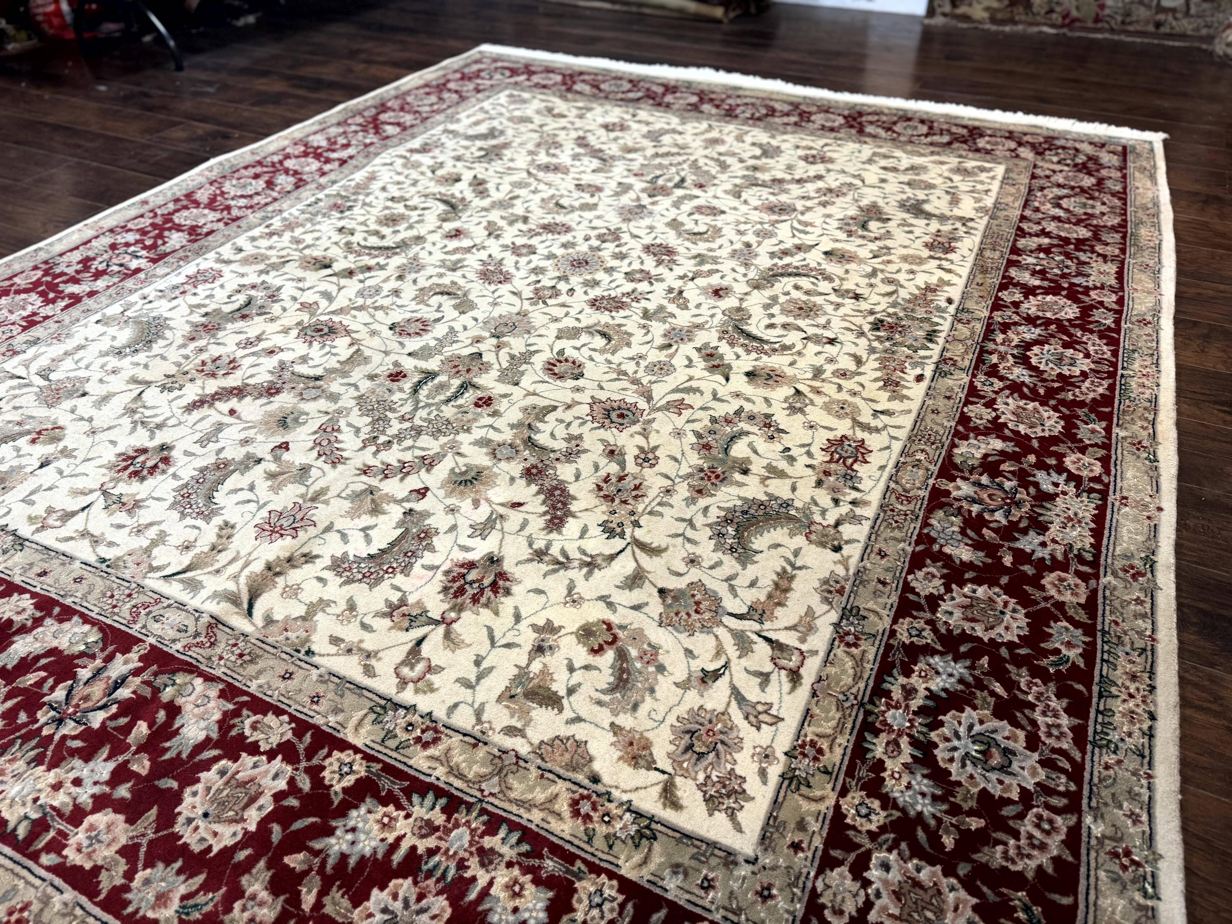 Sino Persian Rug 8x10, Beige and Burgundy, Floral Allover, Wool & Silk, Vintage - Jewel Rugs