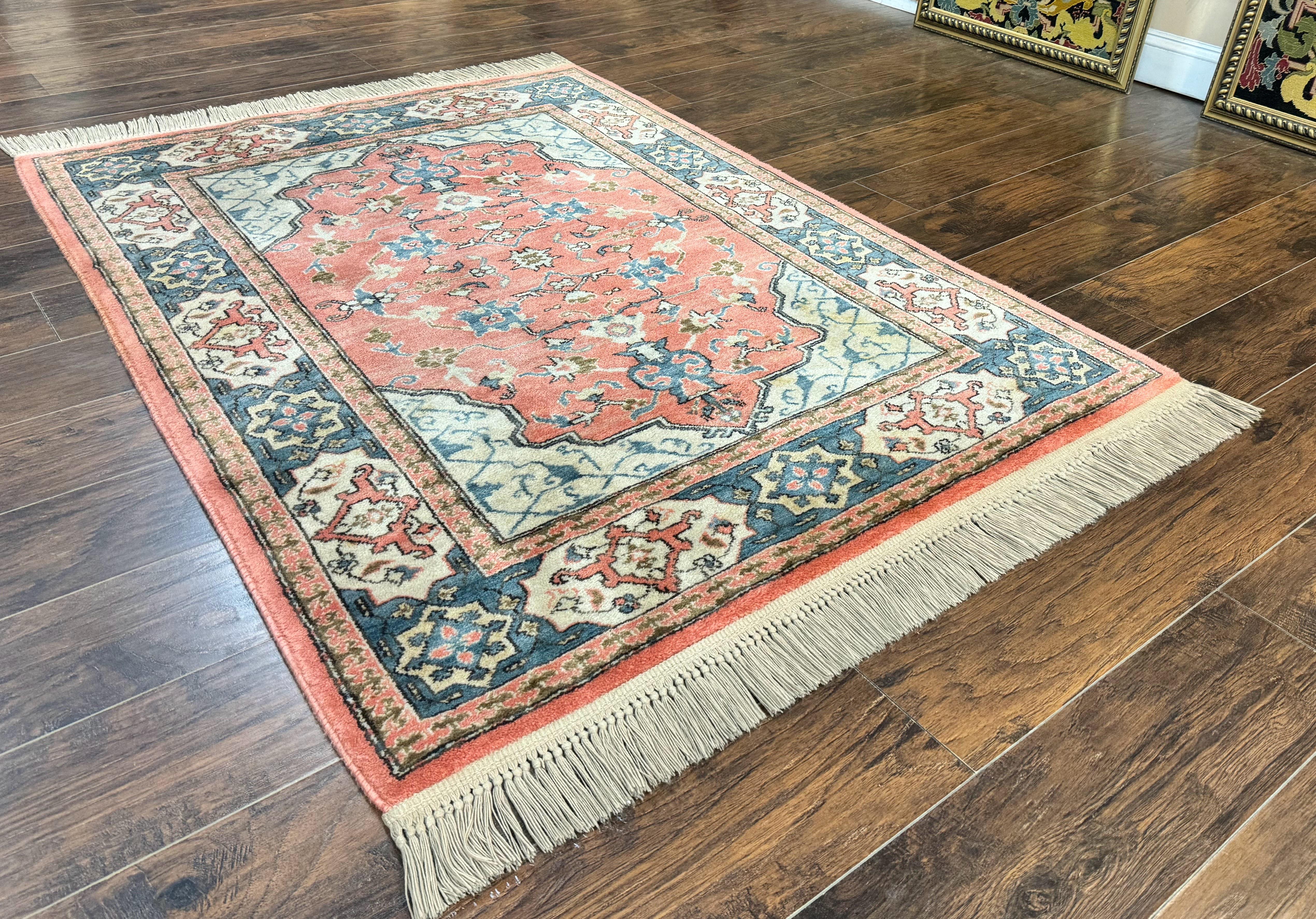 Karastan Rug 4x6 Bergama Design #737, Karastan Area Rug, Vintage Wool Karastan Carpet, Original Collection 700 Series, Salmon Red Light Blue - Jewel Rugs