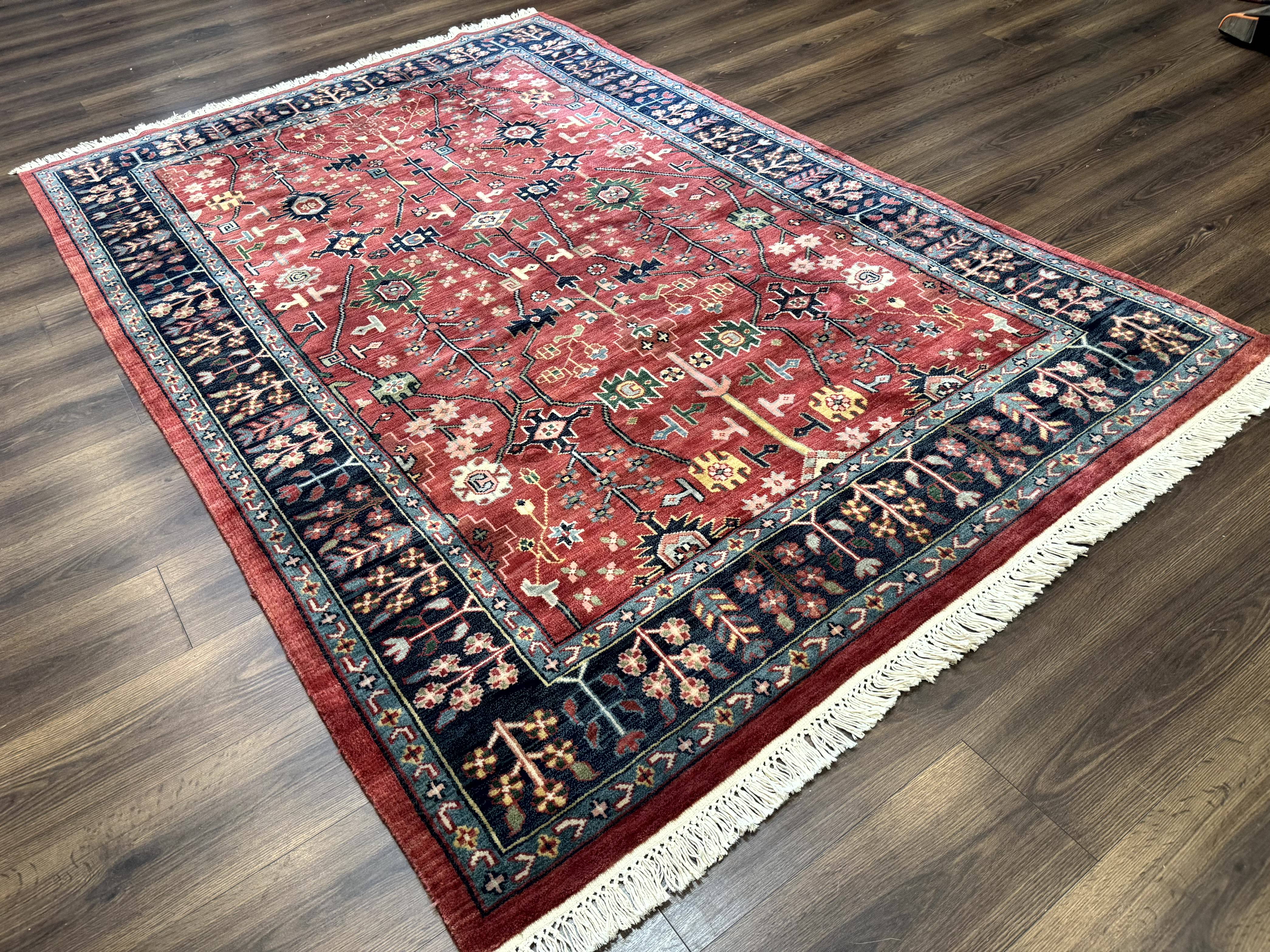 Indo Persian Heriz Serapi Rug 6x8, Rust Red and Navy Blue, Allover Pattern - Jewel Rugs