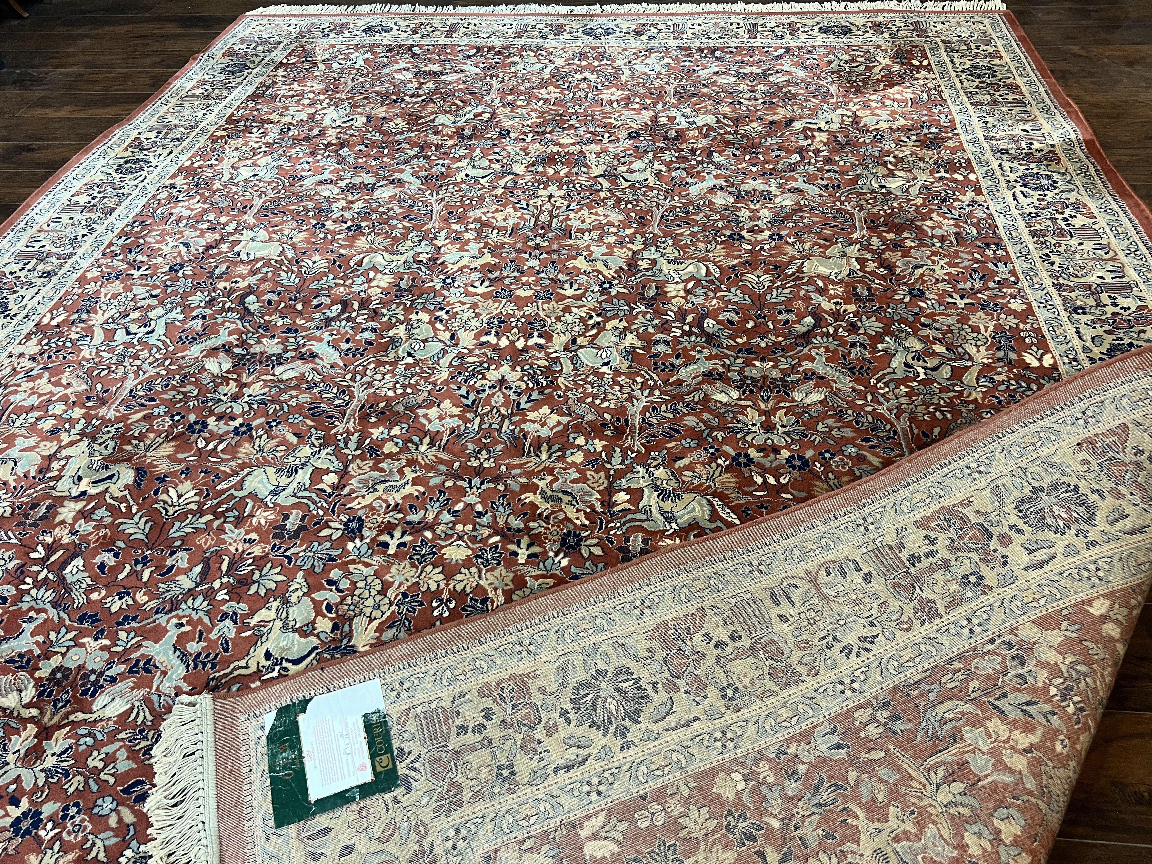 Persian Rug 10 x 13.6, Hunting Scene Rug, Large Wool Carpet, Vintage Couristan Belgium Power Loomed Rug, Red and Beige - Jewel Rugs