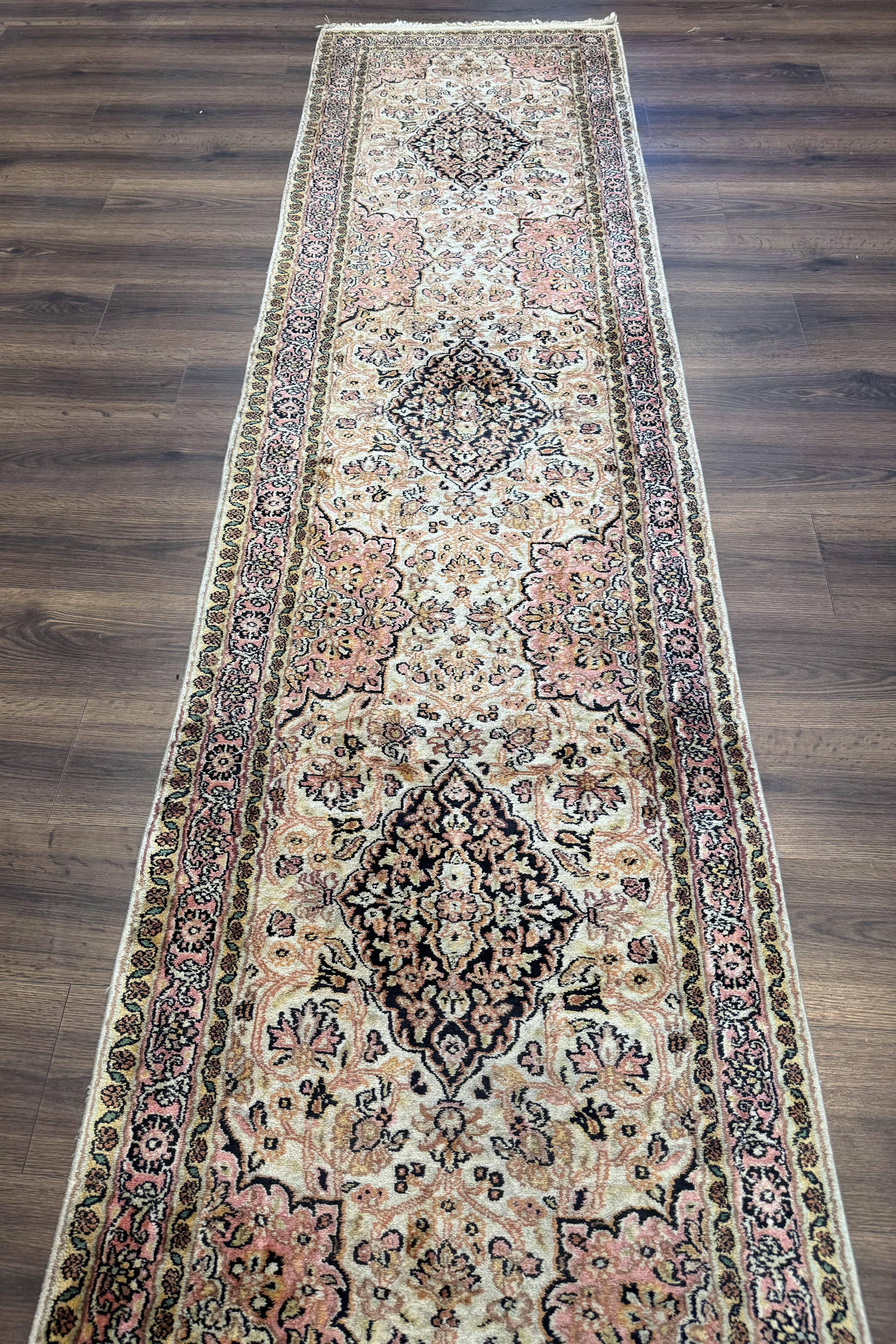 Silk Indian Kashmiri Runner Rug 2.7 x 9.8, Floral Medallions - Jewel Rugs