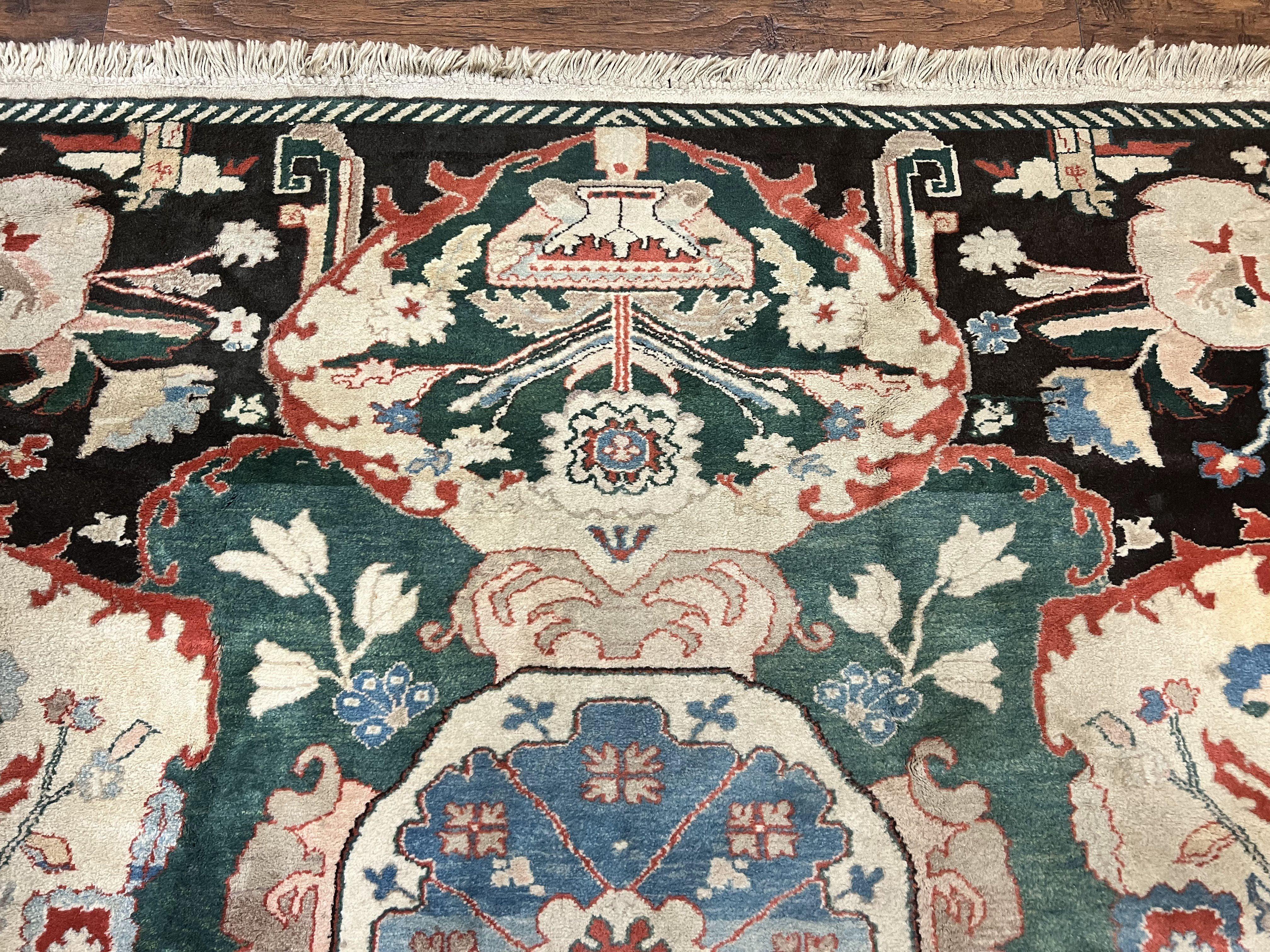 Square Turkish Rug 7x7, Vintage Handmade Wool Carpet, Black Beige Green - Jewel Rugs