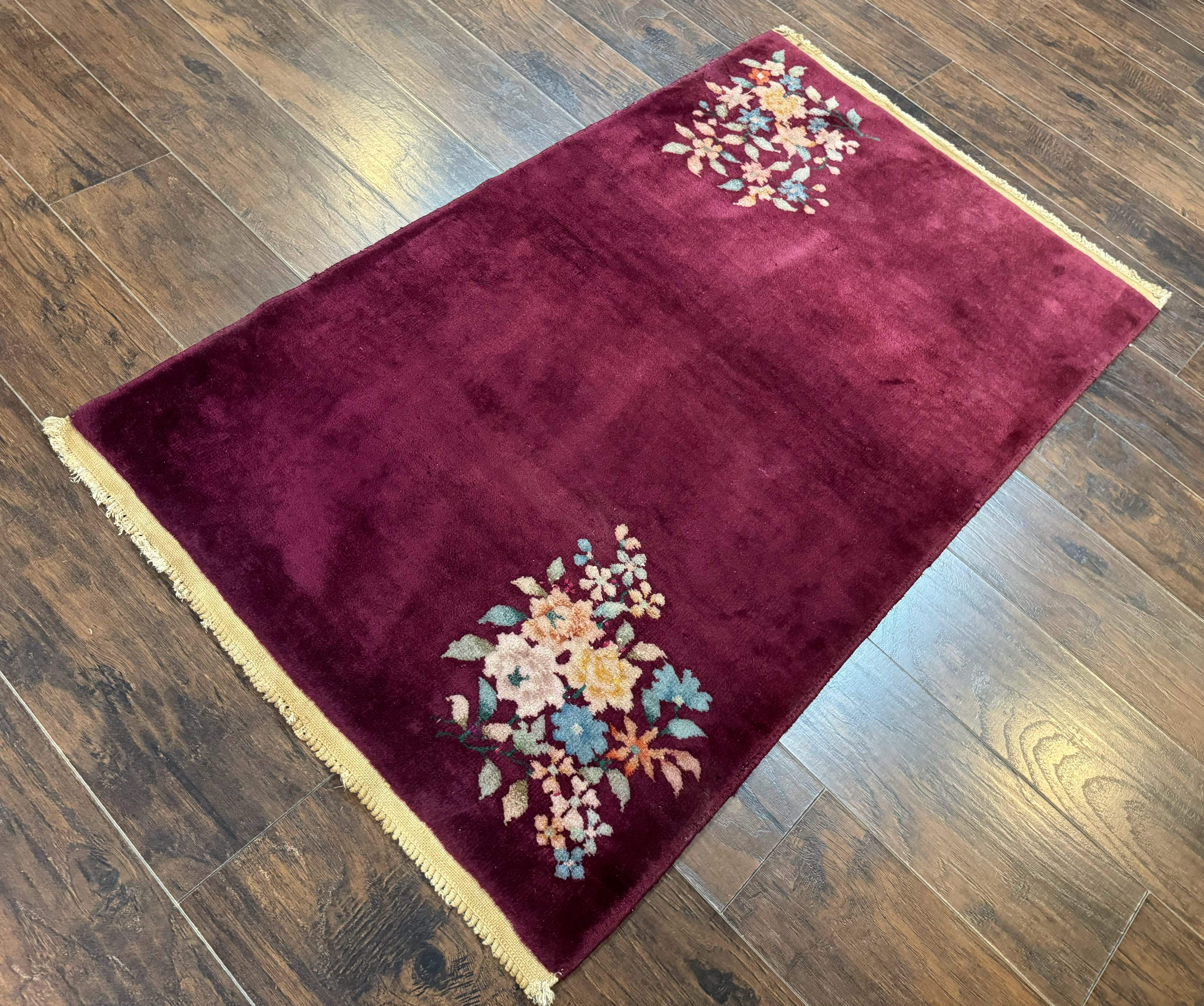 Chinese Nichols Rug 3x5 – Art Deco Carpet, Dark Magenta, Hand-Knotted Wool Vintage Asian Carpet - Jewel Rugs