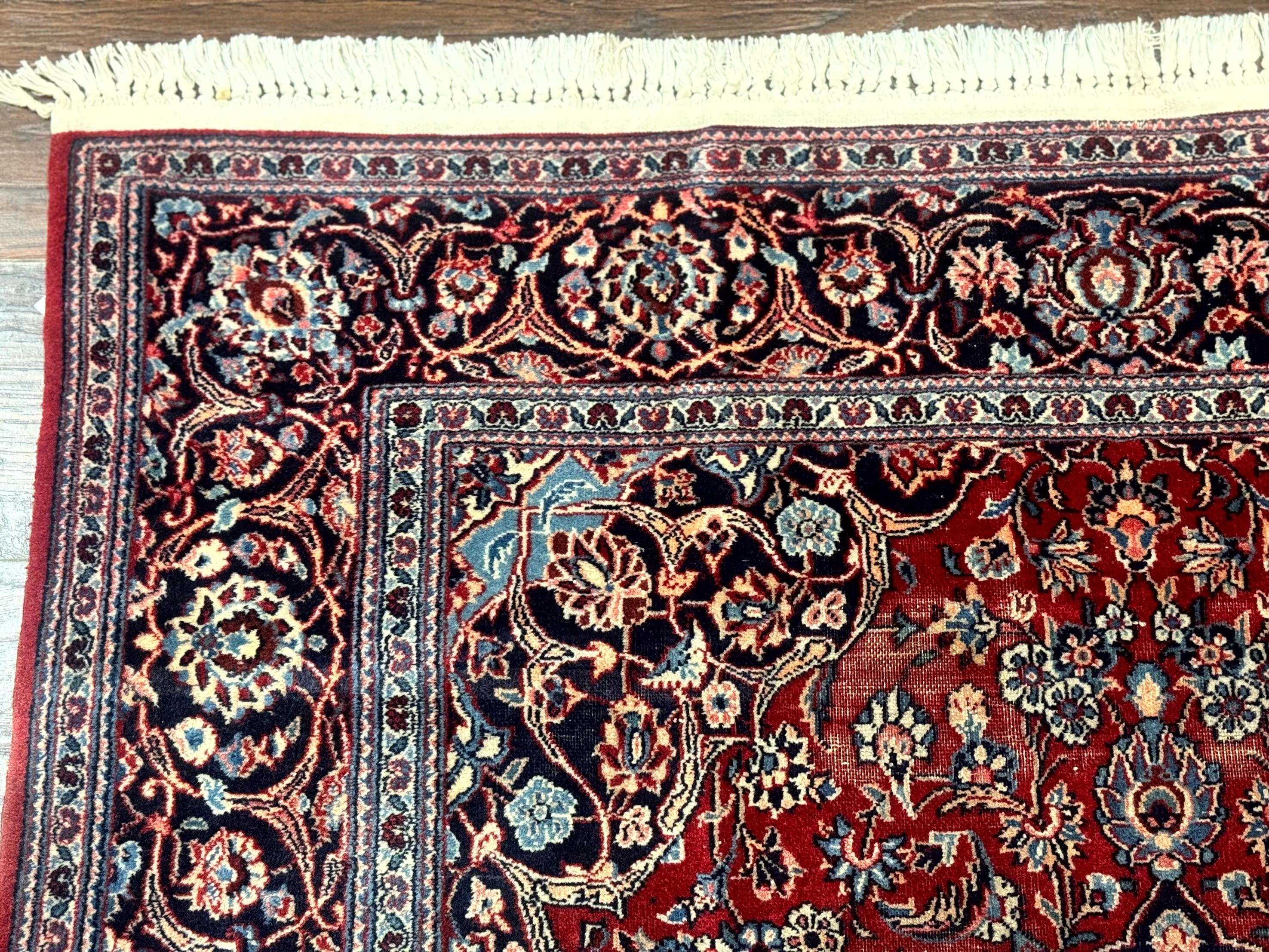 Antique Persian Kashan Rug 4x7, Red and Navy Blue, Floral Medallion, Traditional Oriental Carpet, Medium Low Pile - Jewel Rugs