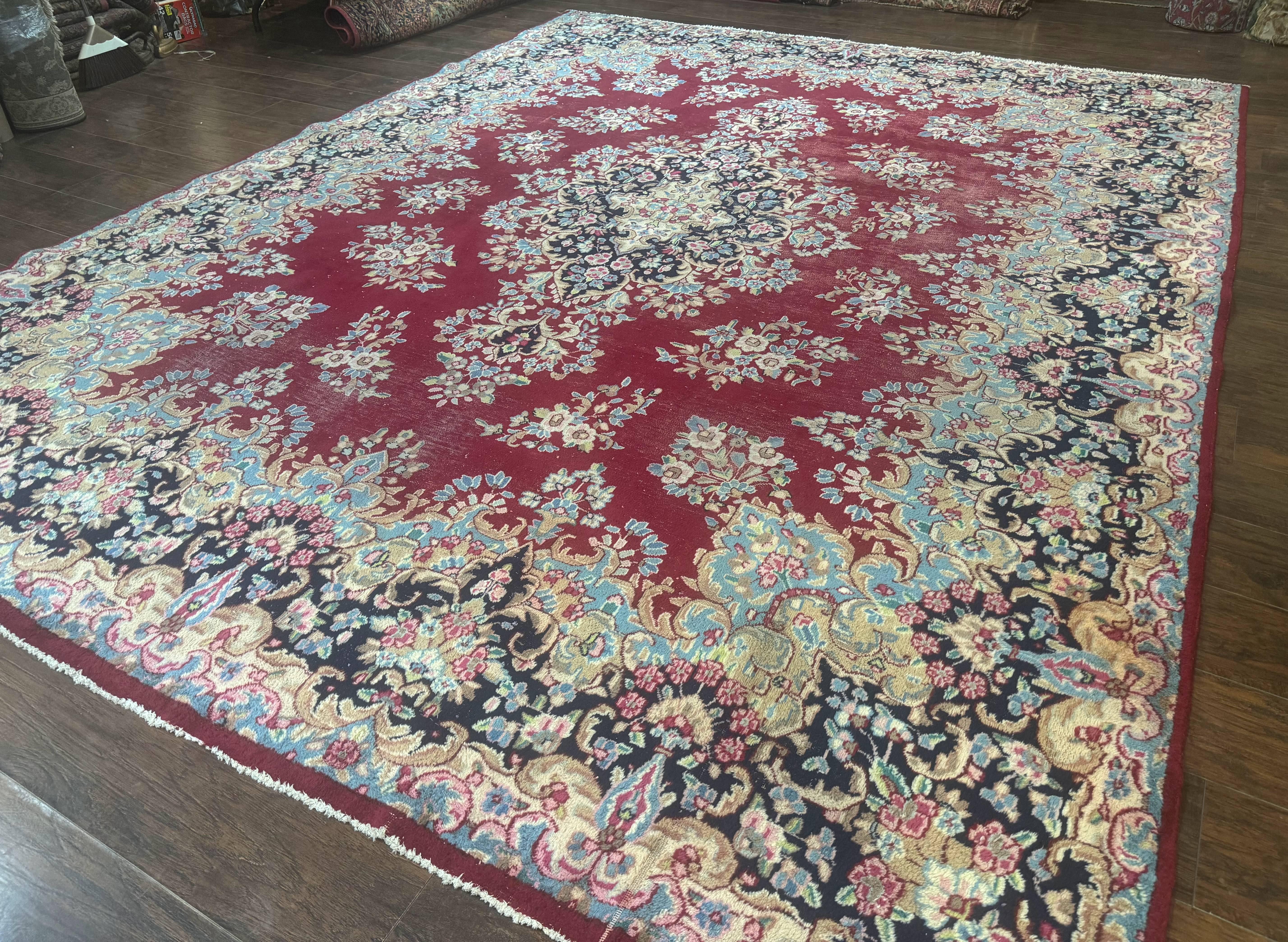 Persian Kerman Rug 10x12, Raspberry Red and Navy Blue, Traditional Persian Carpet - Jewel Rugs