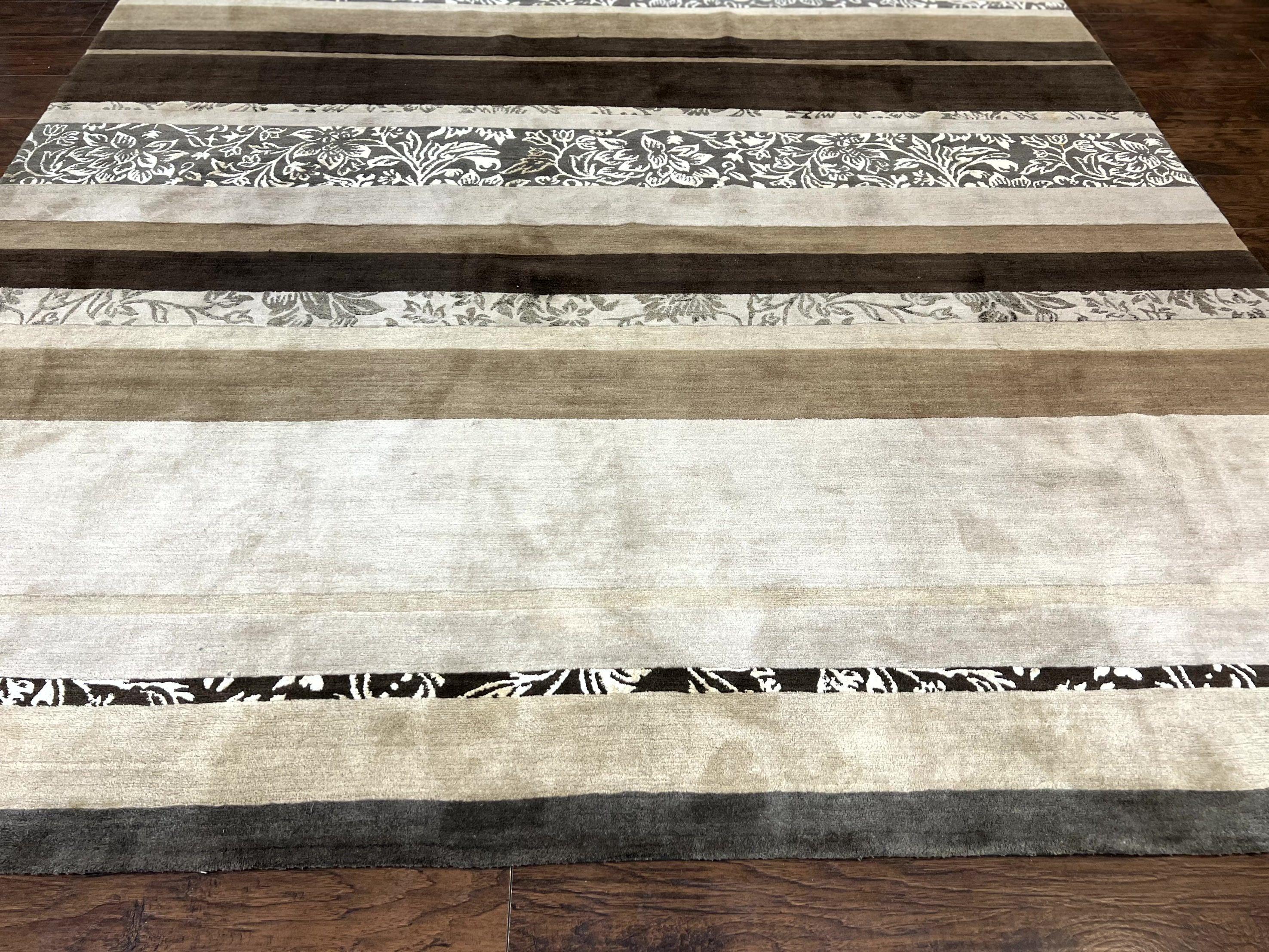 Modern Tibetan Nepali Rug 8x12, Stripe Pattern, Wool with Silk Highlights, Handmade, Beige Tan Brown - Jewel Rugs