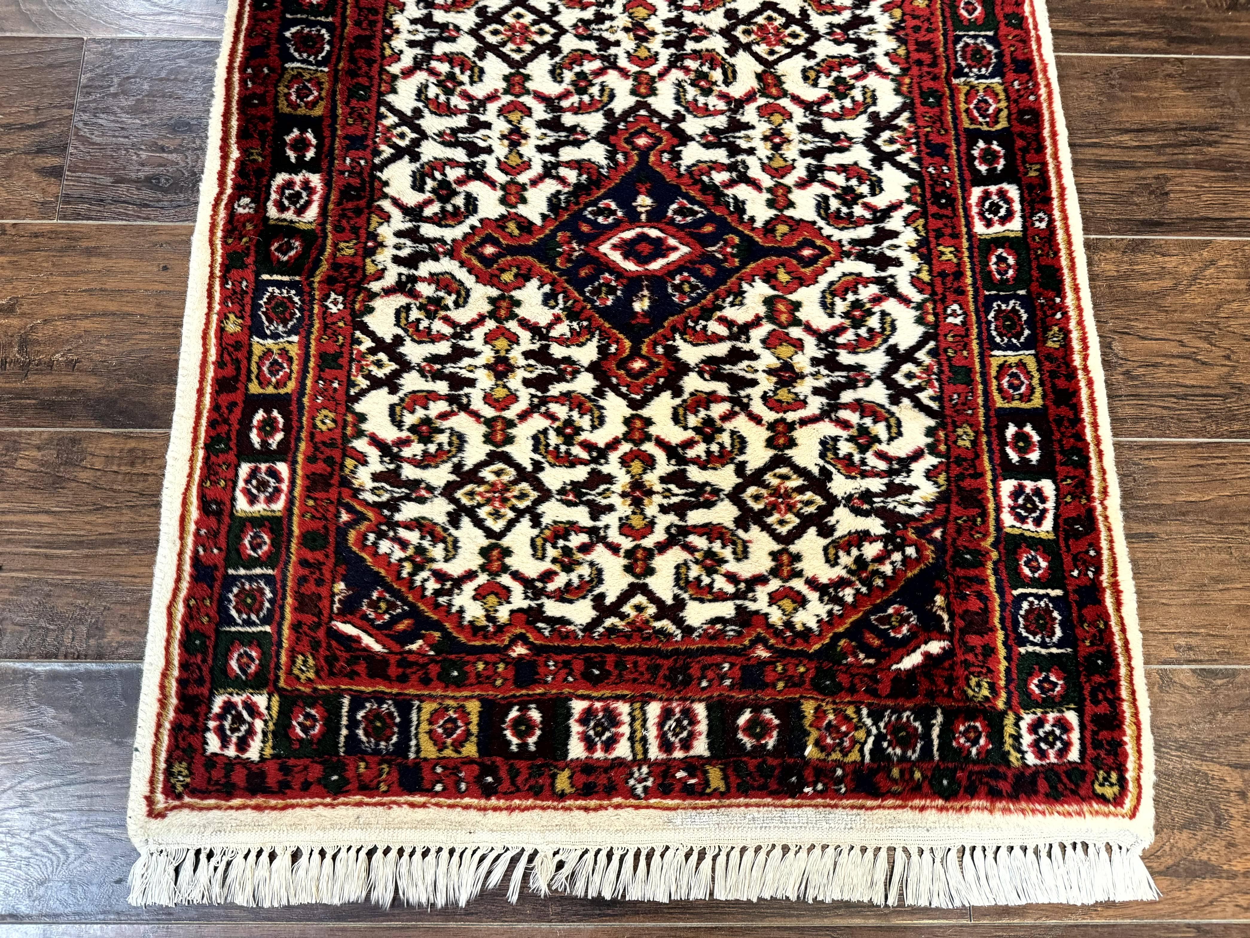 Indo Persian Bidjar Runner Rug 2.8 x 10, Vintage Rug for Hallway, 10ft Runner, Wool Handmade Ivory and Red, Medallions - Jewel Rugs