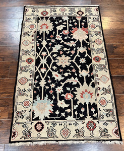Turkish Flatweave Kilim Rug 3x5, Black, Handmade Vintage Wool Carpet