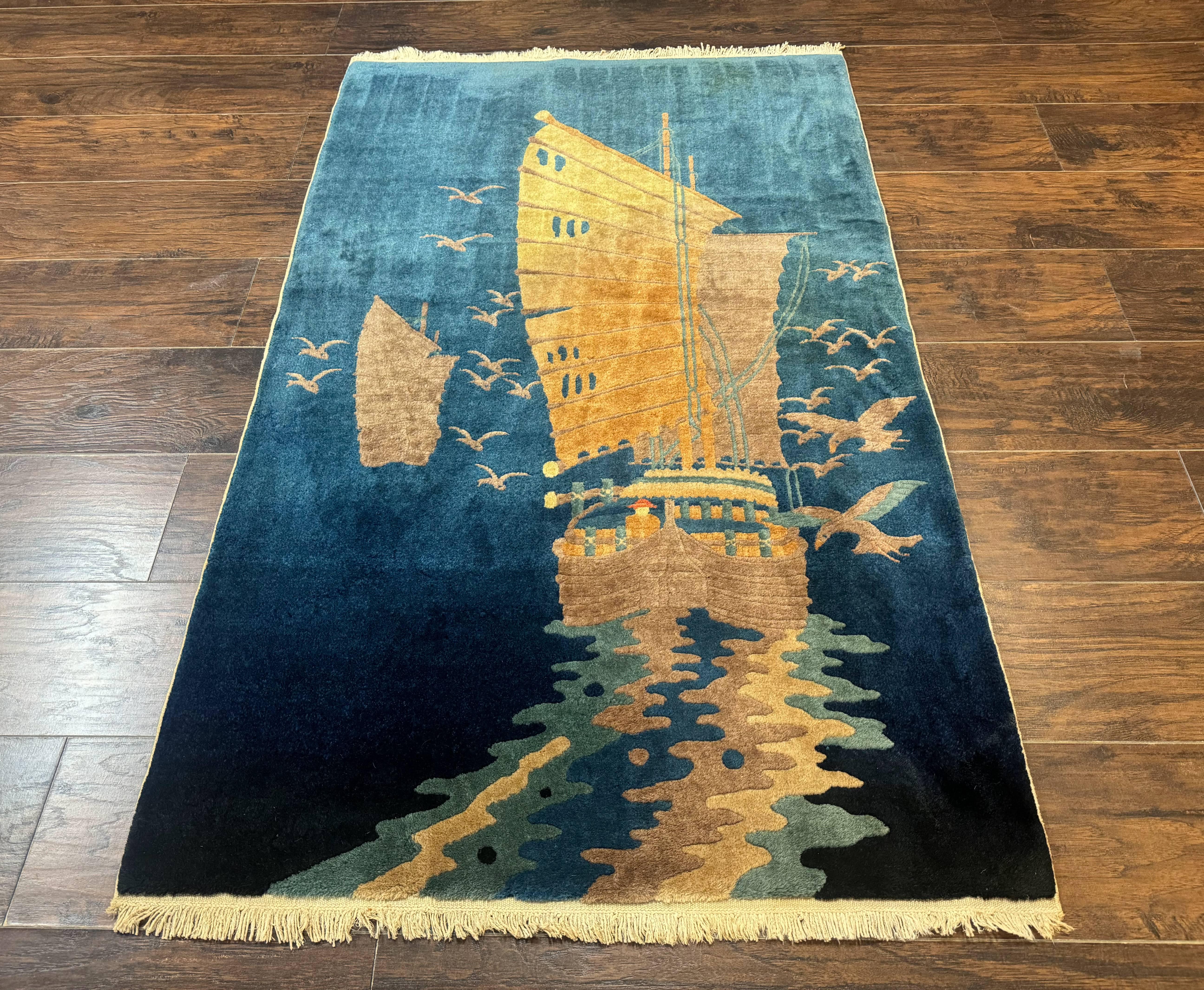 Chinese Art Deco Rug 3x5, Blue, Sailboat and Birds, Seagulls, Ocean, Vintage, Handmade, Chinese Wool Rug, Peking Rug - Jewel Rugs