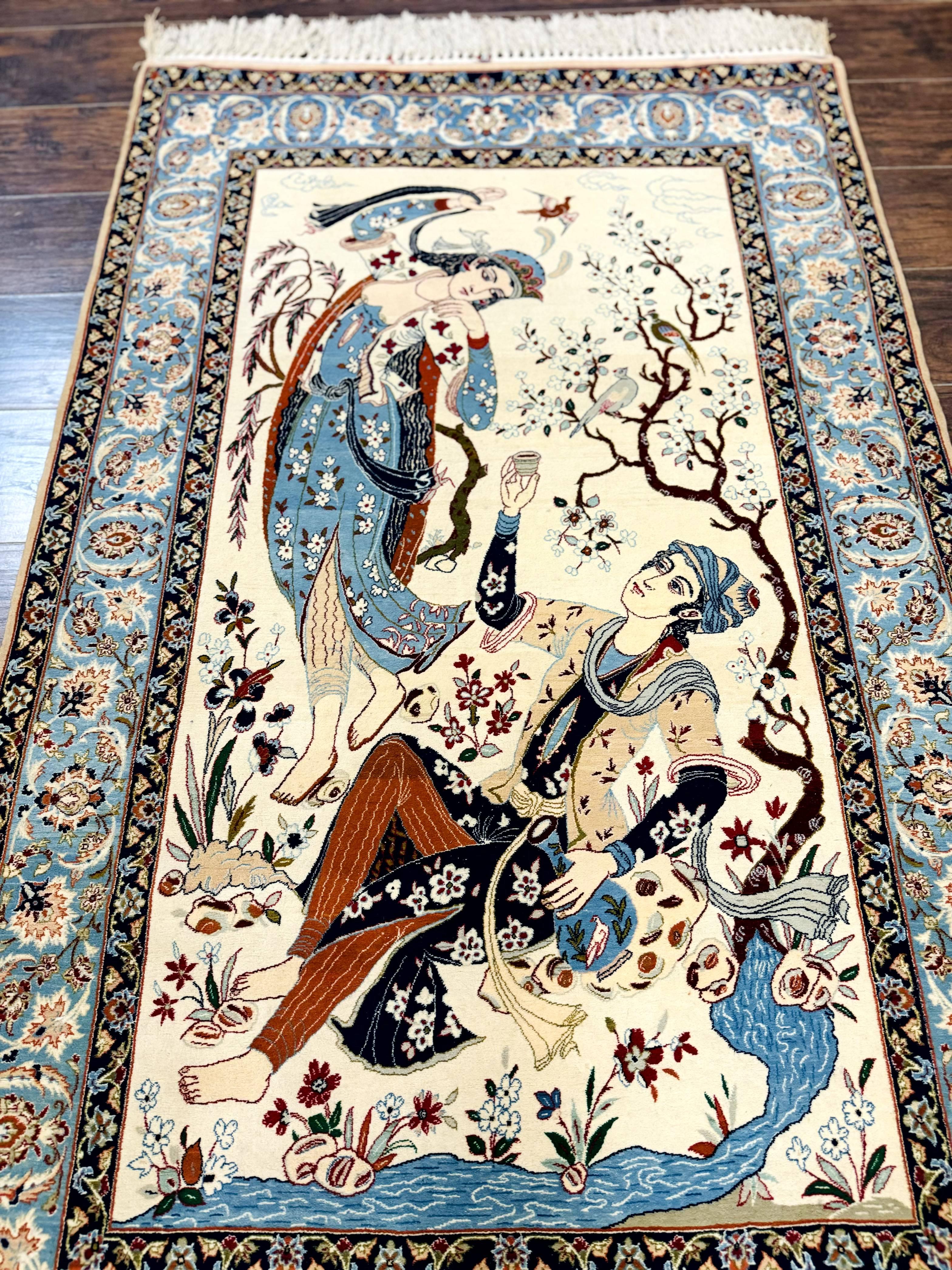 Persian Isfahan Pictorial Rug, Two Lovers, Kork Wool on Silk Foundation, Ivory and Light Blue, 500 KPSI Super Fine - Jewel Rugs
