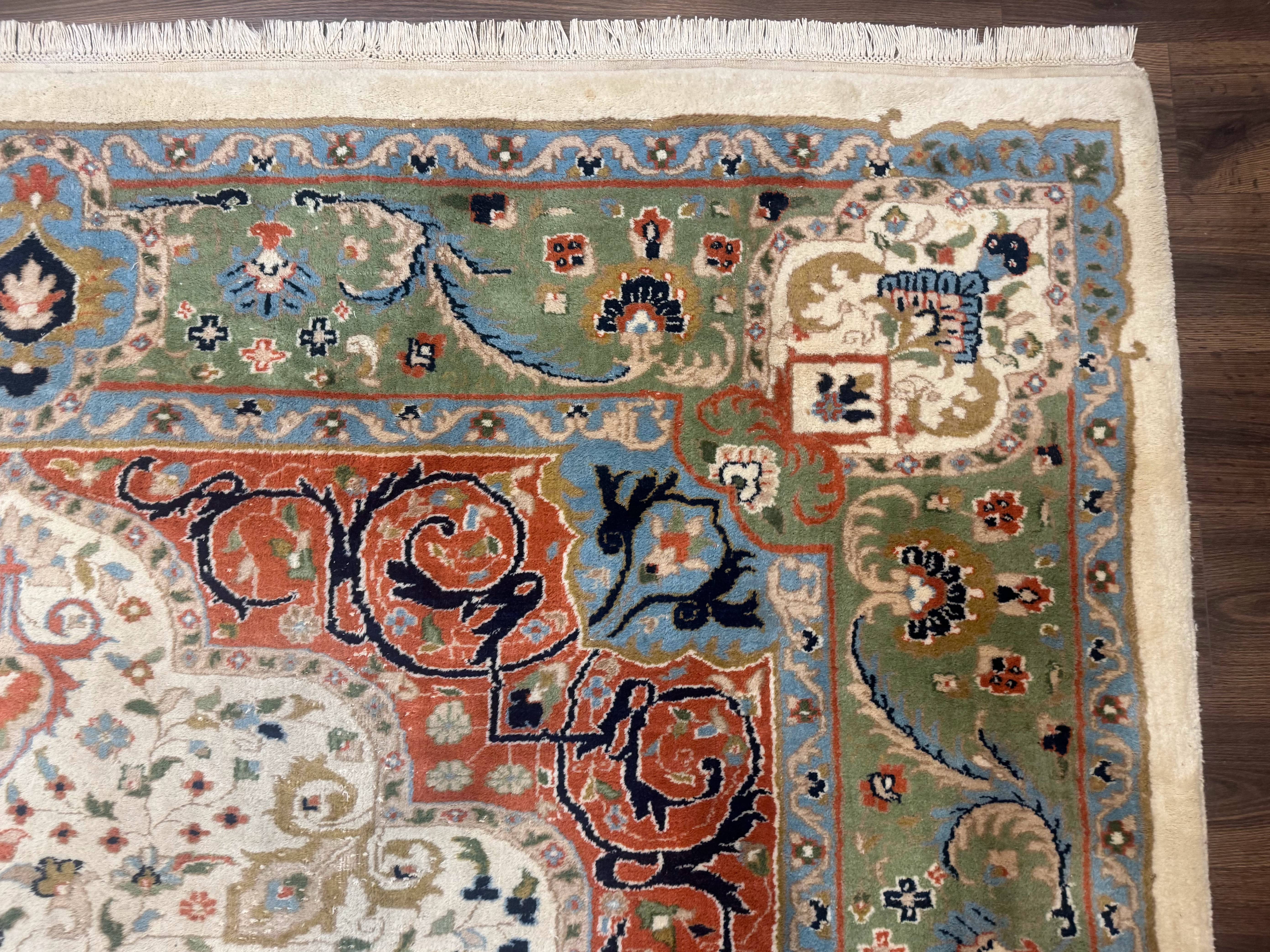 Indo Persian Rug 9x12, Ivory Red Green, Traditional Oriental Carpet - Jewel Rugs