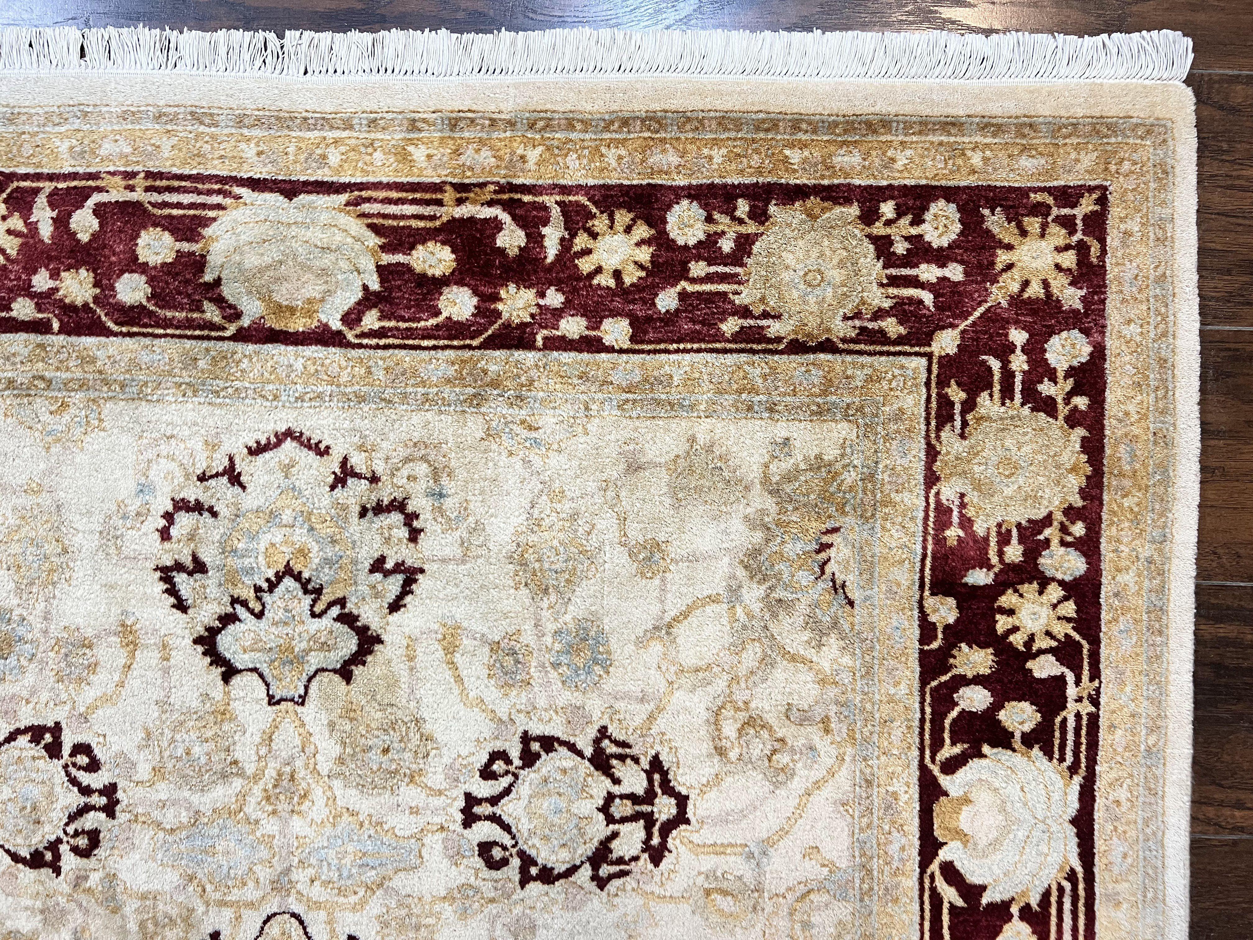 Peshawar Rug 5x7, Beige and Maroon, Vintage Handmade Wool Traditional Carpet 5 x 7 ft, Pakistani Rug, Agra Pattern, Very Fine 260 KPSI - Jewel Rugs